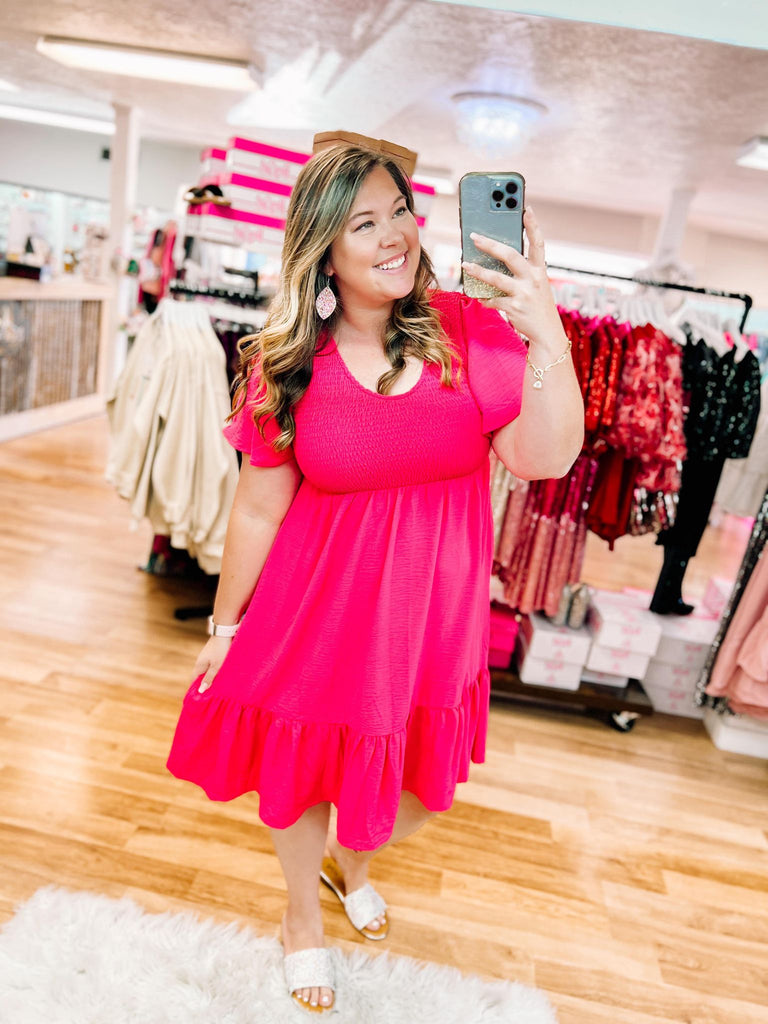 Fuchsia Smocked Fit & Flare Dress-Dresses-Dear Me Southern Boutique, located in DeRidder, Louisiana