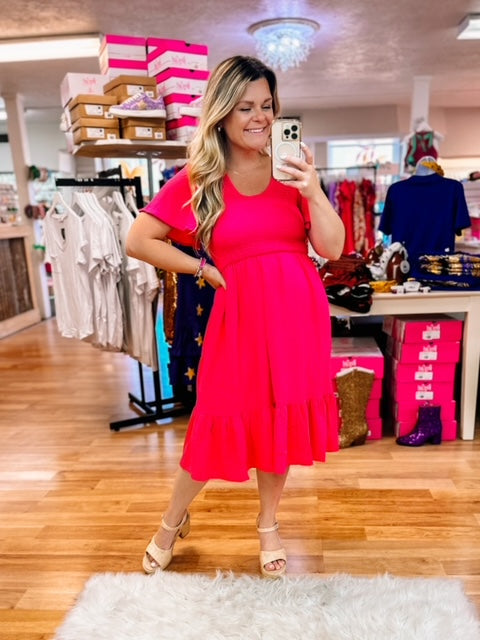 Fuchsia Smocked Fit & Flare Dress-Midi Dresses-Dear Me Southern Boutique, located in DeRidder, Louisiana