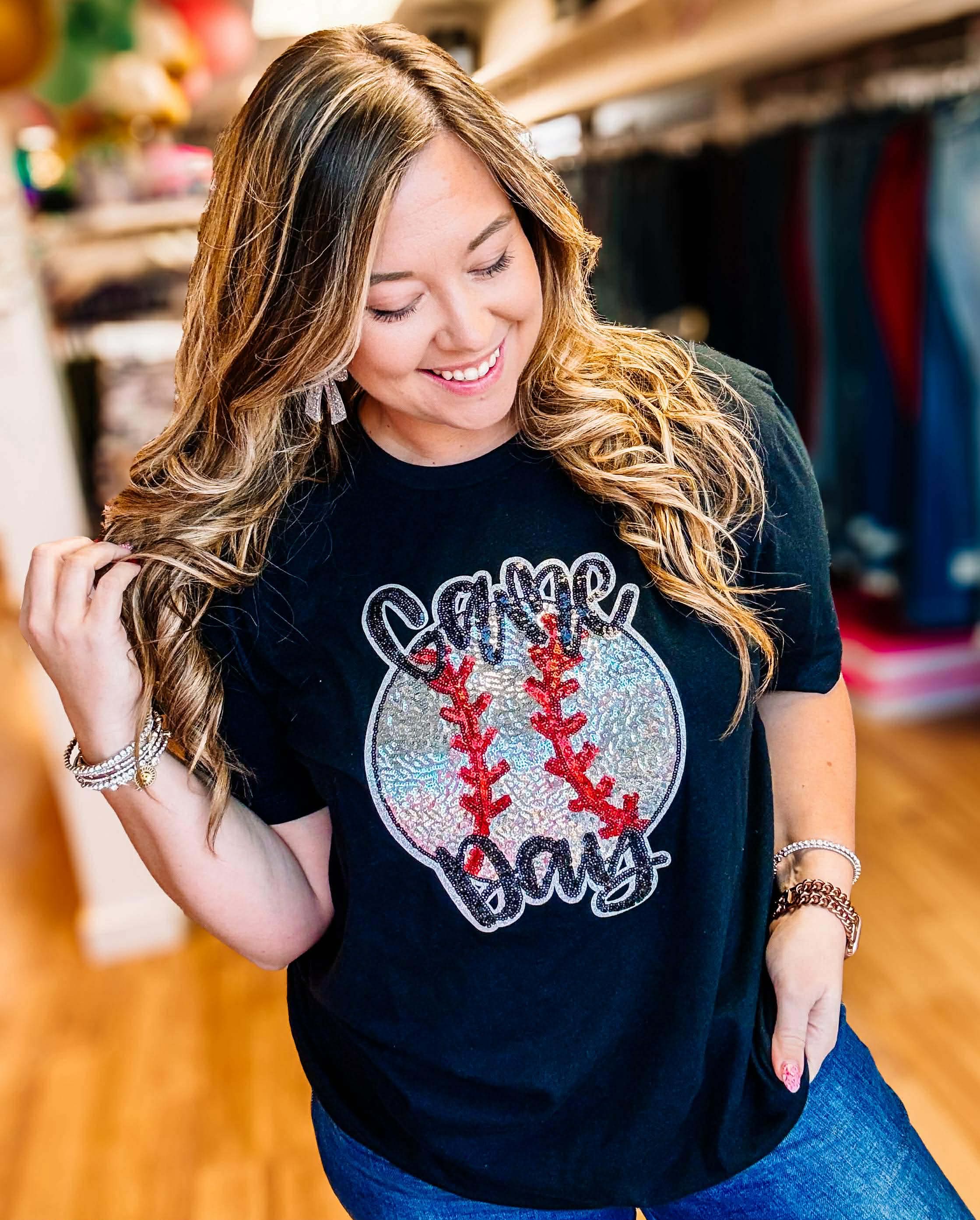 Game Day Baseball Bling Tee-Graphic Tops-Dear Me Southern Boutique, located in DeRidder, Louisiana