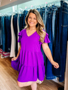 Game Day Flutter Sleeve Dress- Purple-Dear Me Southern Boutique, located in DeRidder, Louisiana