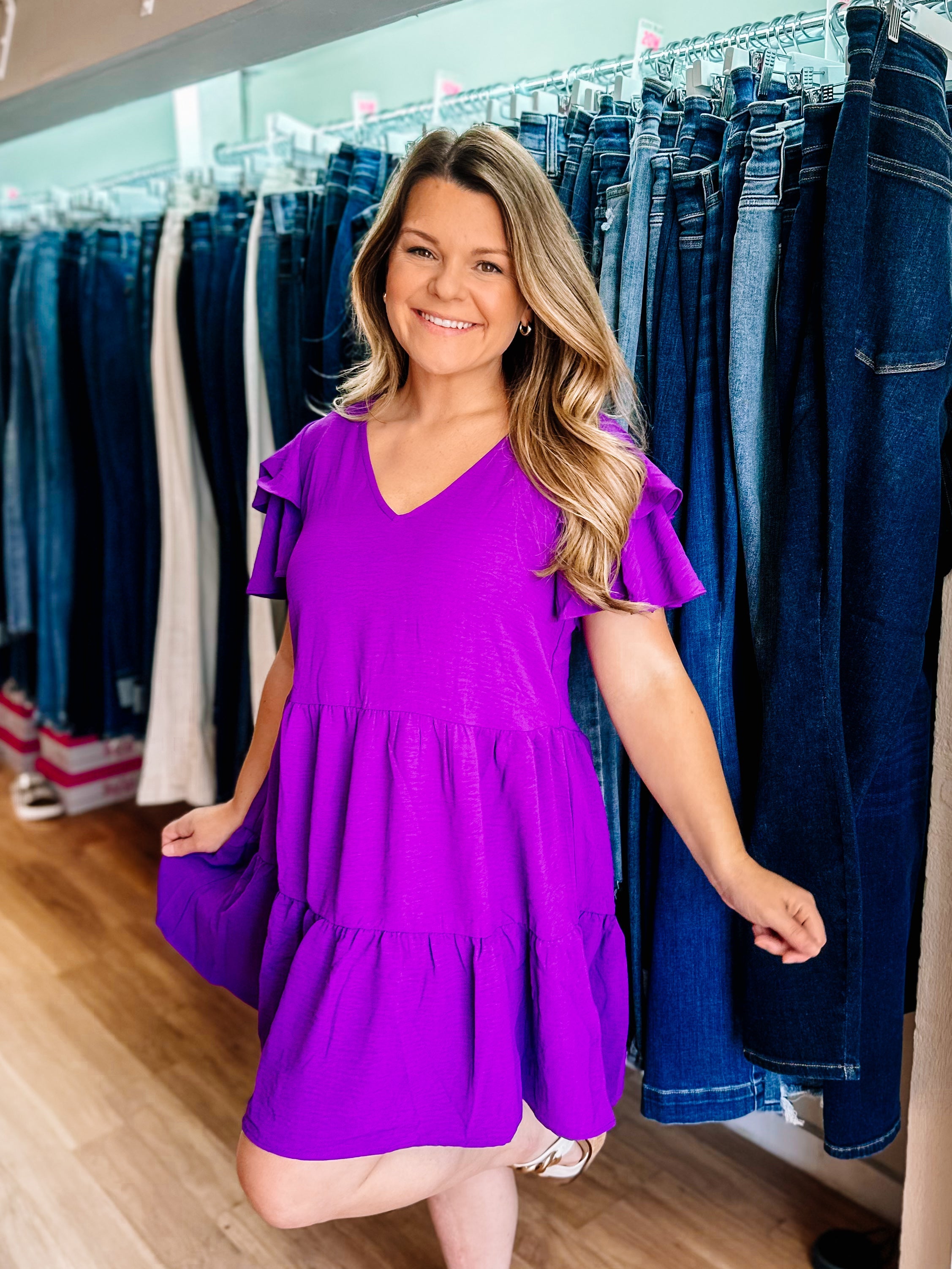 Game Day Flutter Sleeve Dress- Purple-Dear Me Southern Boutique, located in DeRidder, Louisiana