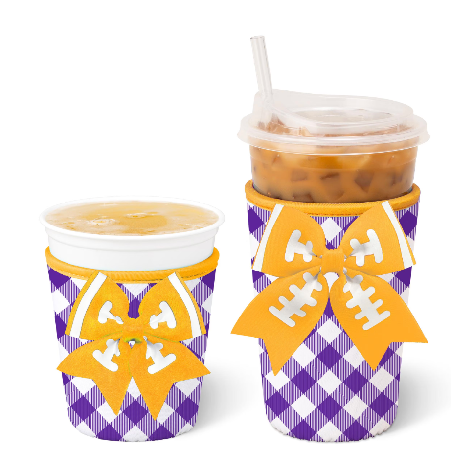 Gameday Gingham Purple + Yellow Iced Cup Coolie-Drink Coolies-Dear Me Southern Boutique, located in DeRidder, Louisiana