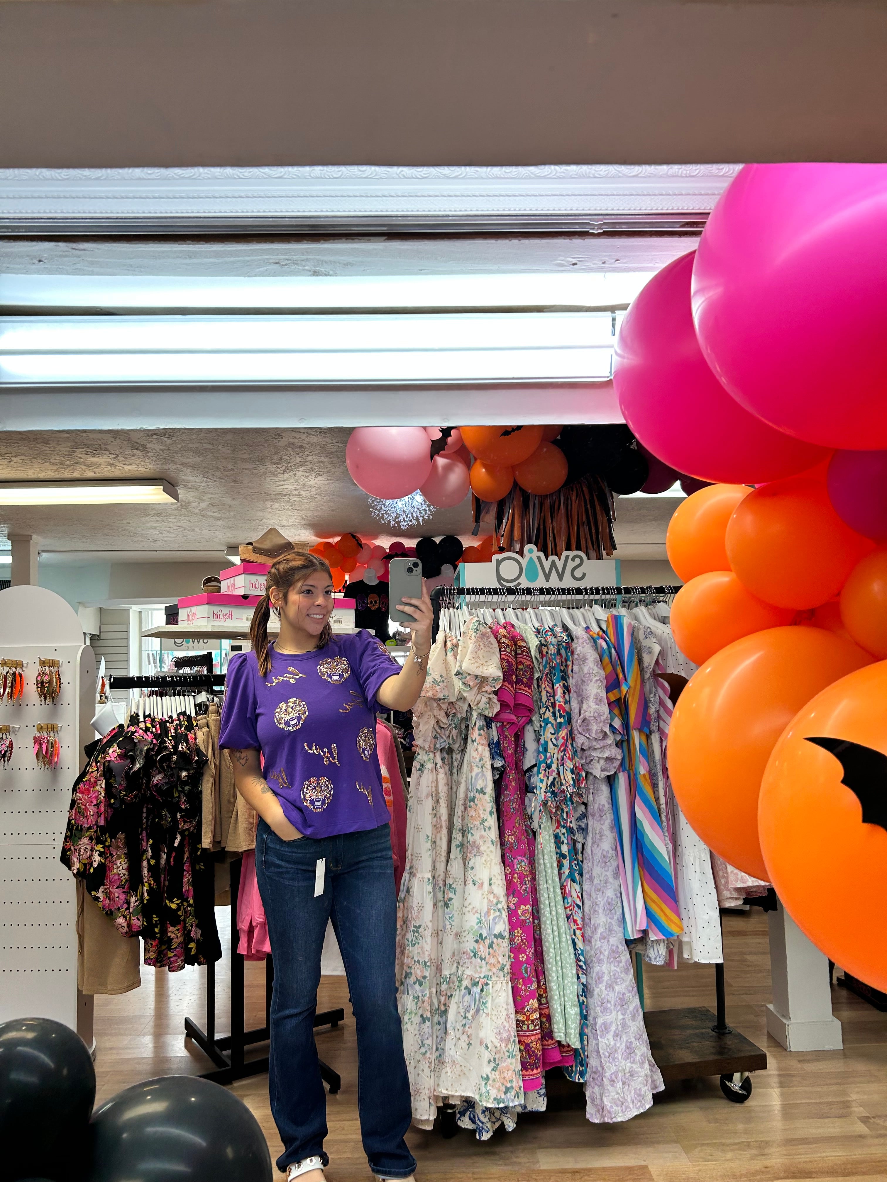 Geaux Get'Em Girl Sequin LSU Top-Graphic Tops-Dear Me Southern Boutique, located in DeRidder, Louisiana