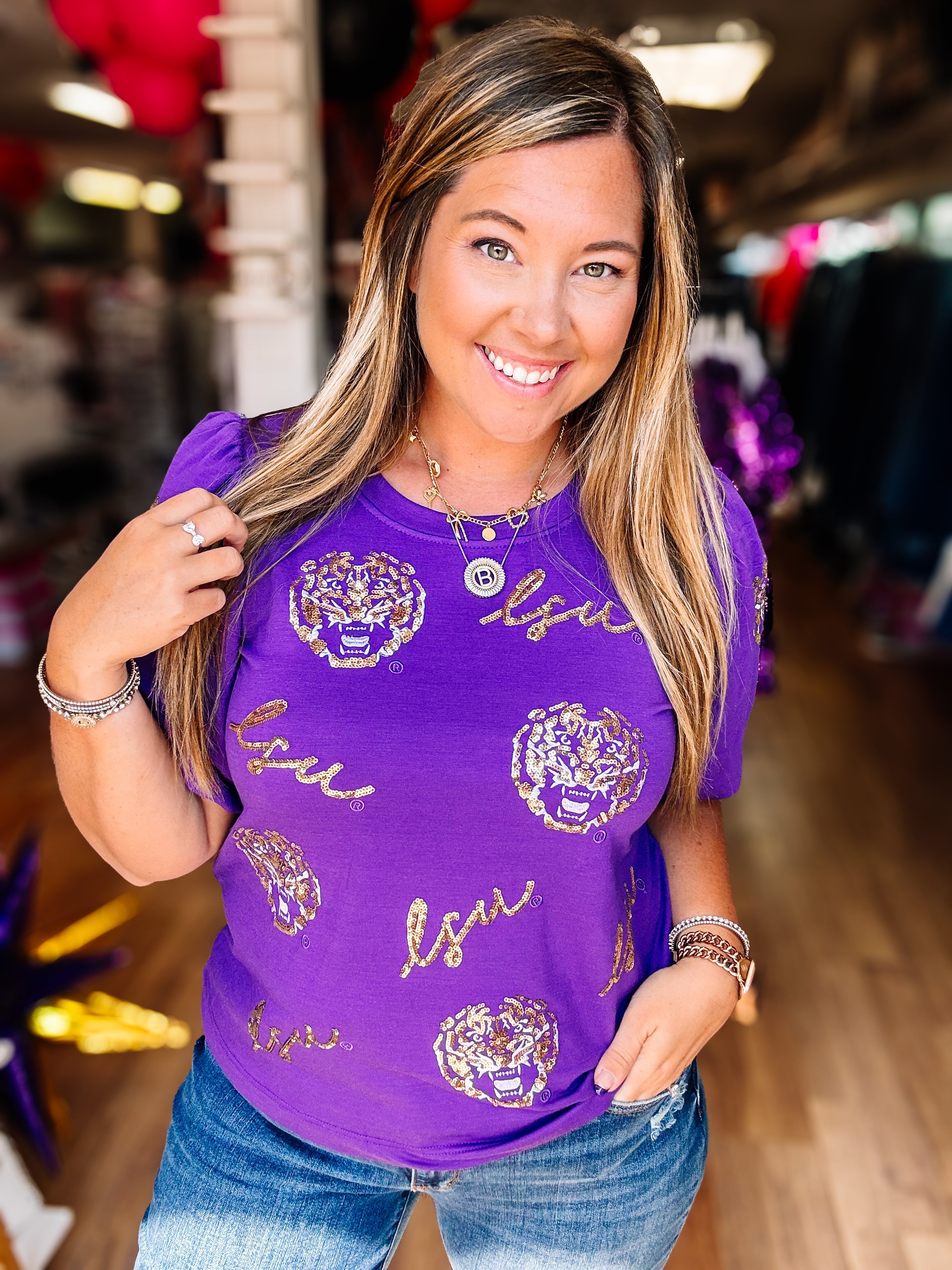 Geaux Get'Em Girl Sequin LSU Top-Graphic Tops-Dear Me Southern Boutique, located in DeRidder, Louisiana