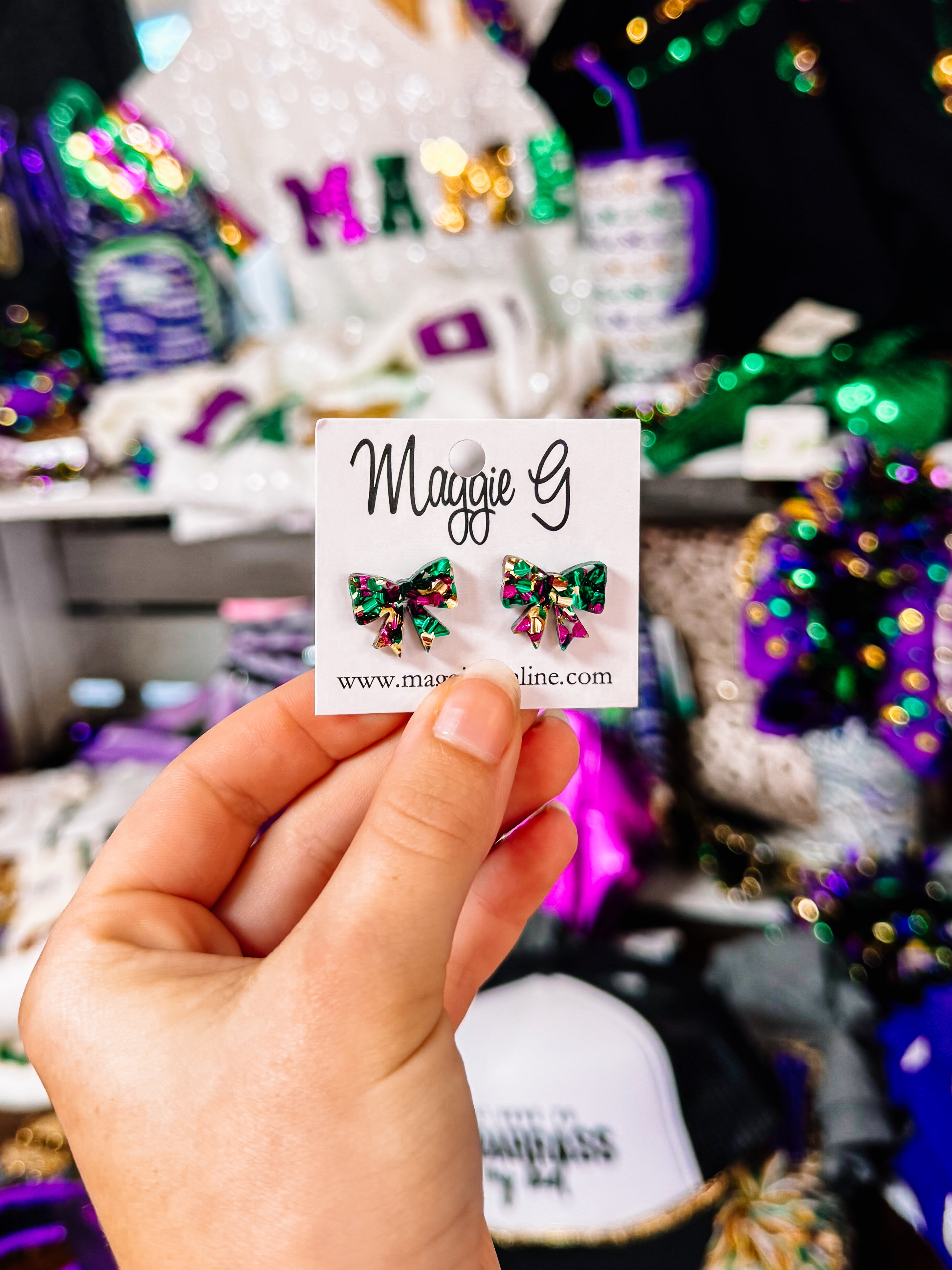 Geaux Giltter Bow Studs-Earrings-Dear Me Southern Boutique, located in DeRidder, Louisiana