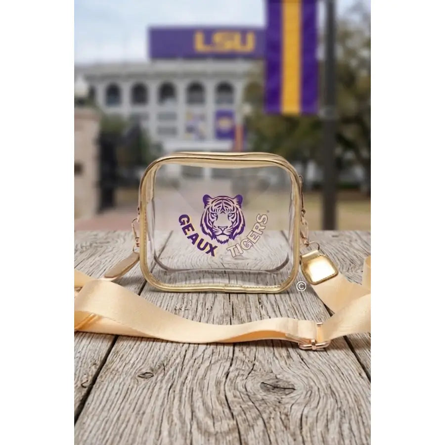 Geaux Tigers Gold Clear Crossbody Bag-Tote Bags-Dear Me Southern Boutique, located in DeRidder, Louisiana