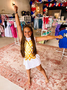 Geauxlden Girl Dress-Jag Dresses-Dear Me Southern Boutique, located in DeRidder, Louisiana