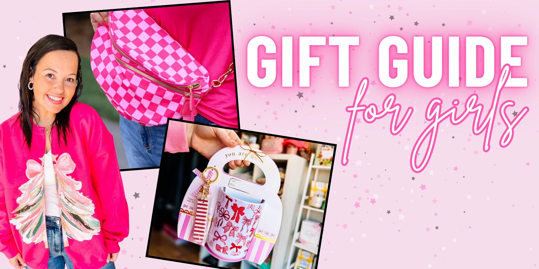 Gift guide for girls with images of a woman, pink checkered bag, and pink handbag on a pink background. | Just A Girl Boutique | DeRidder, LA