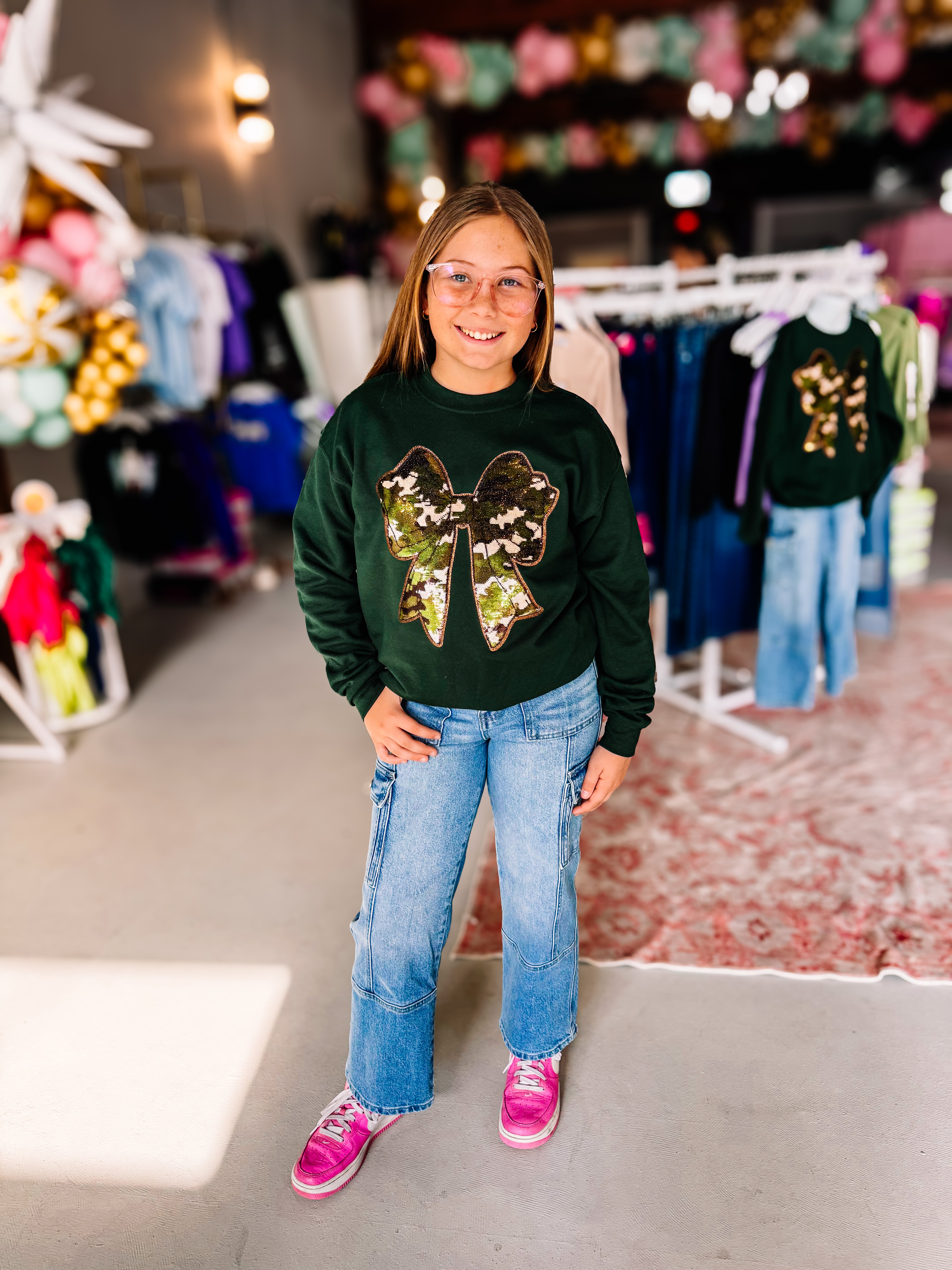 Girls Camo Sequin Coquette Bow Pullover-Pullover-Dear Me Southern Boutique, located in DeRidder, Louisiana