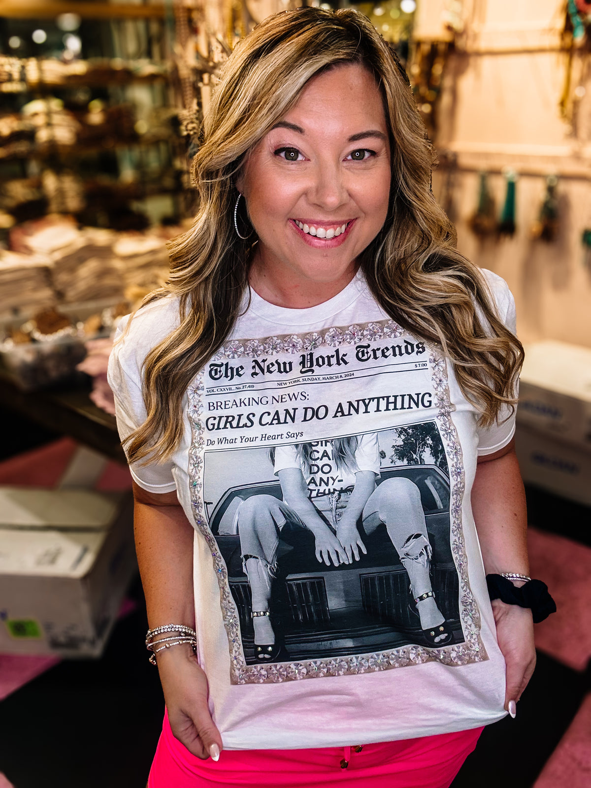 Girls Can Do Anything Bougie Rhinestone Tee-Presales-Dear Me Southern Boutique, located in DeRidder, Louisiana