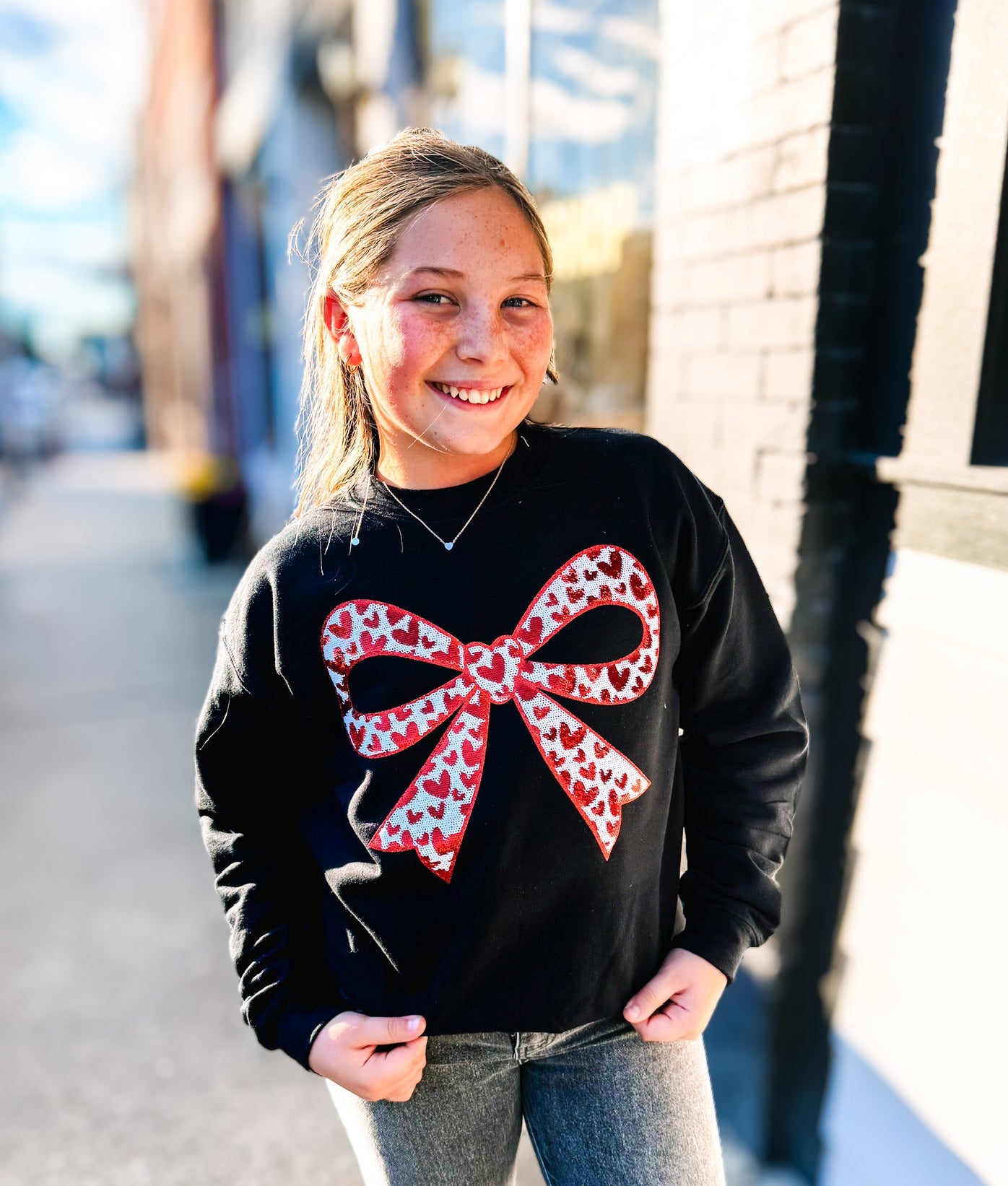 Girls Heartstring Sequin Bow Crew-Dear Me Southern Boutique, located in DeRidder, Louisiana