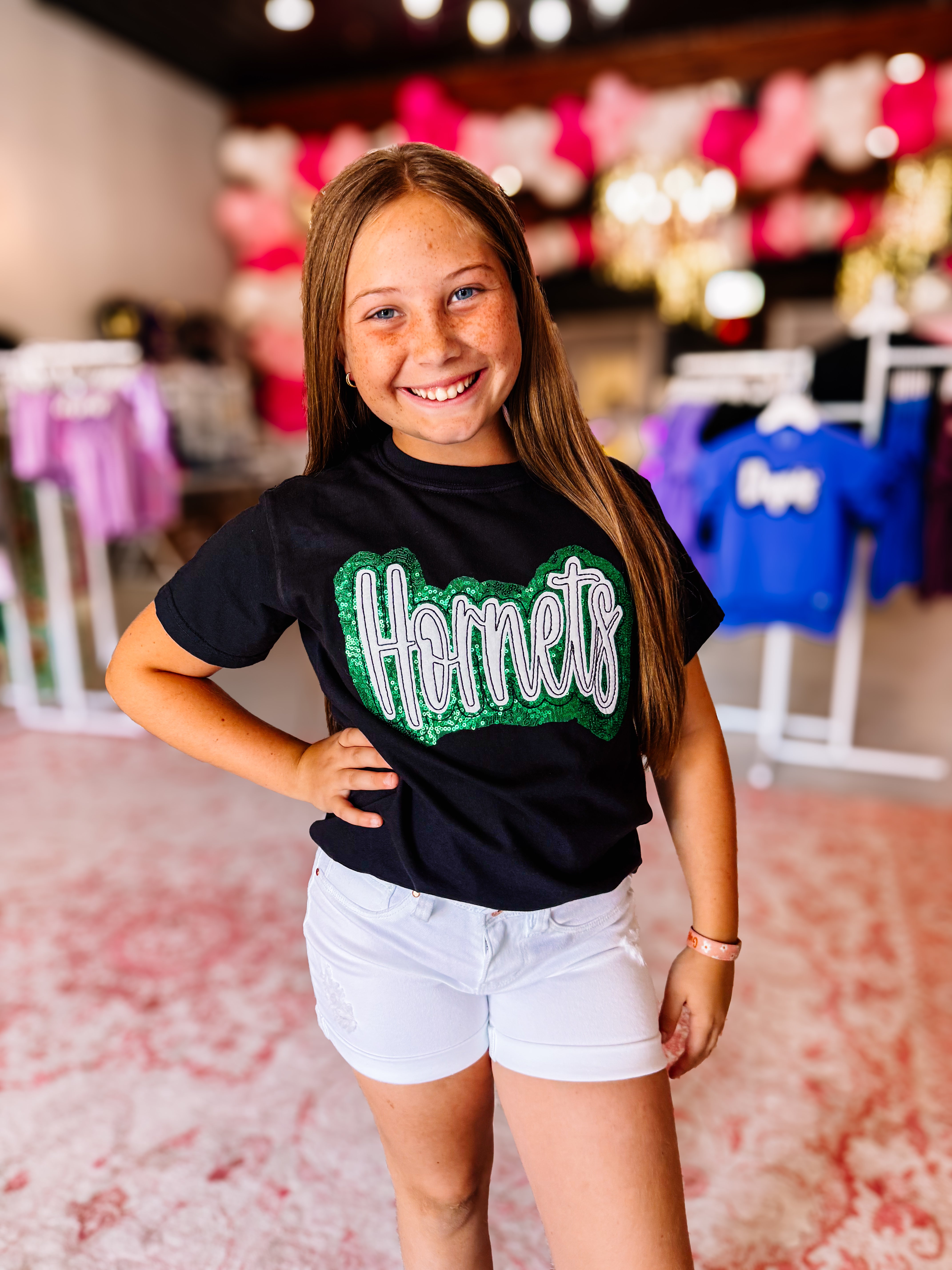 Girls Hornets Sequin Applique Tee-JAG Graphic Tops-Dear Me Southern Boutique, located in DeRidder, Louisiana