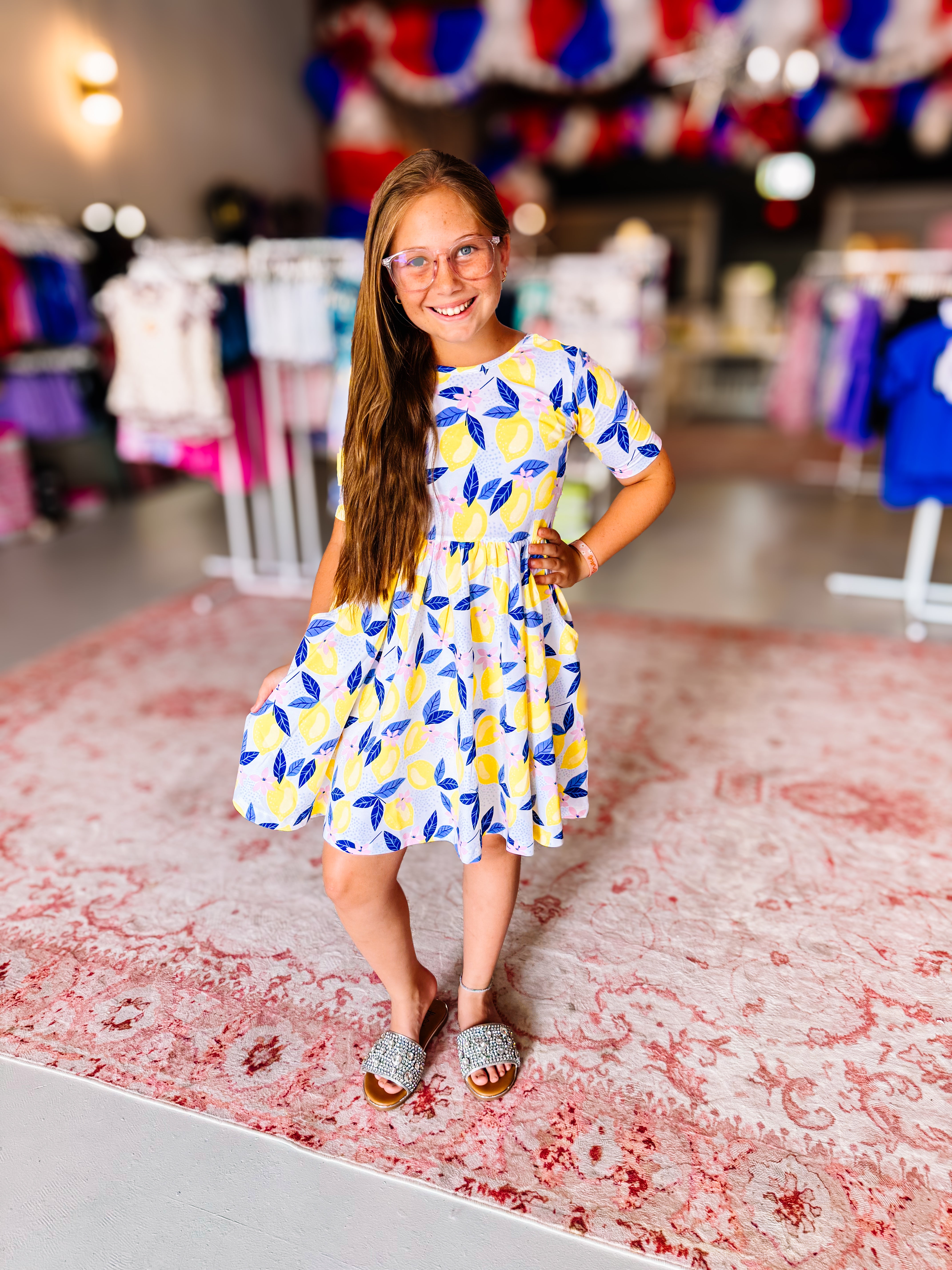 Girls Lemon Capri Knit Twirl Dress-JAG Dresses-Dear Me Southern Boutique, located in DeRidder, Louisiana