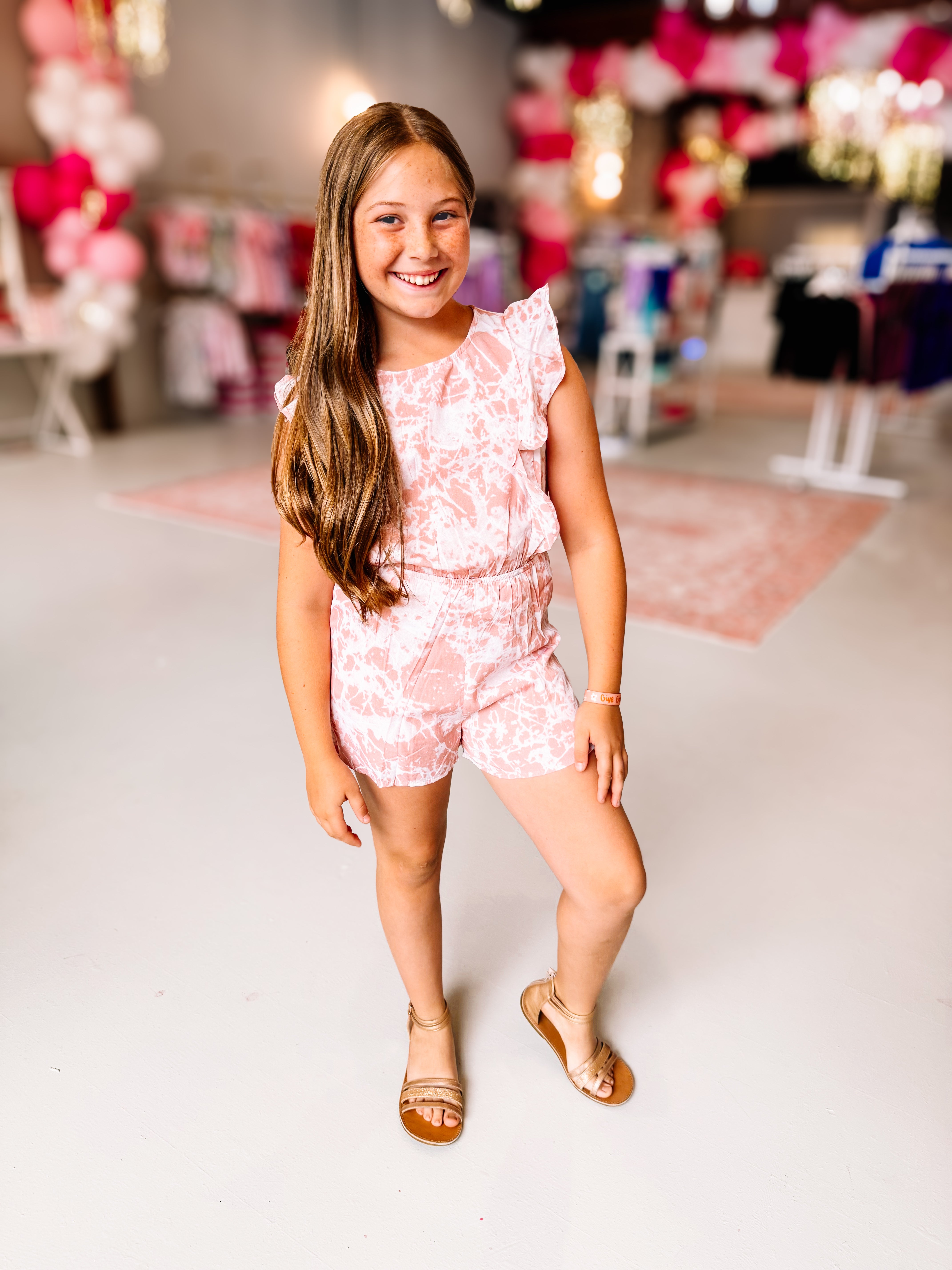 Girls Mauve About You Marbled Ruffle Romper-JAG Rompers-Dear Me Southern Boutique, located in DeRidder, Louisiana
