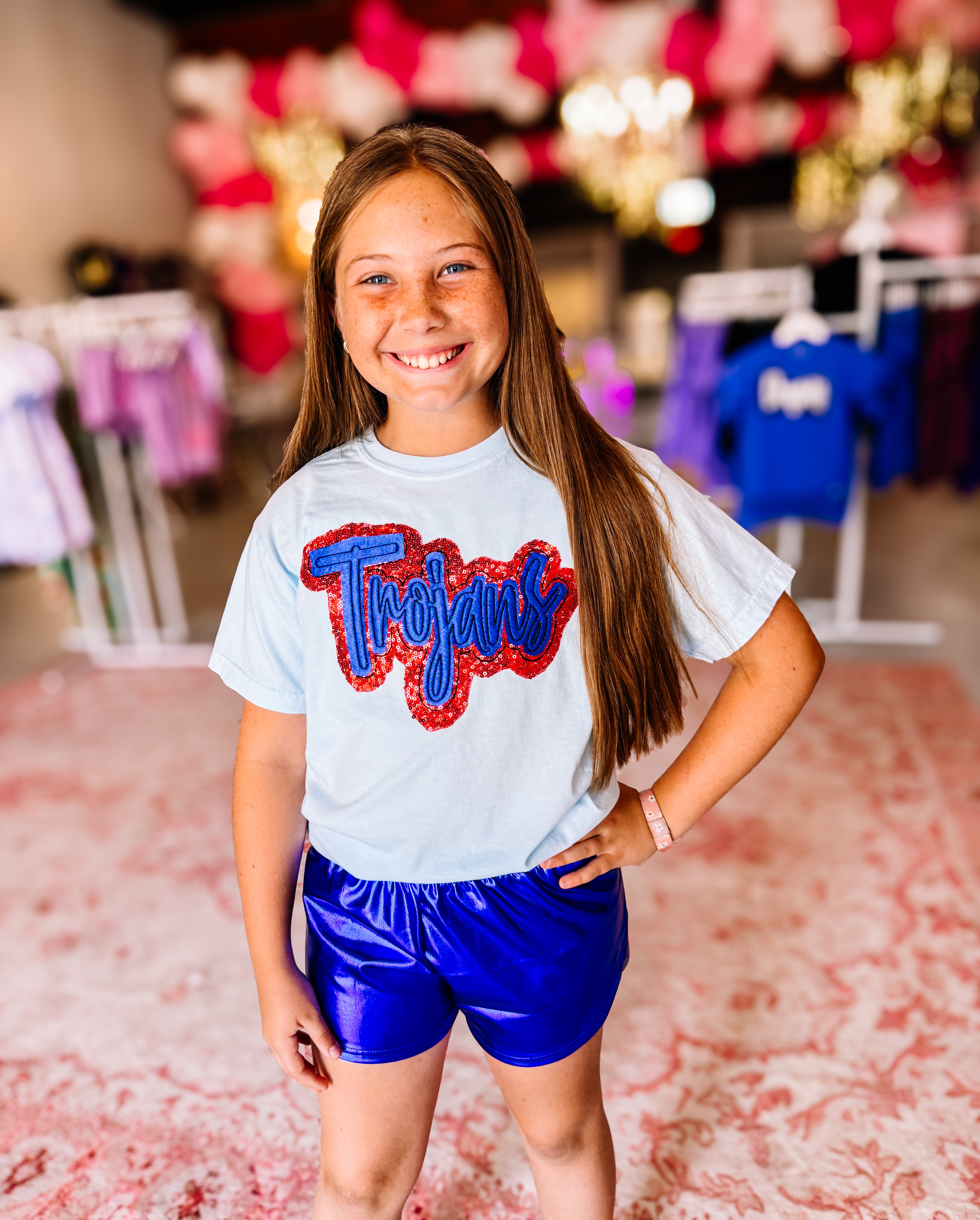 Girls Trojans Sequin Applique Tee-JAG Graphic Tops-Dear Me Southern Boutique, located in DeRidder, Louisiana