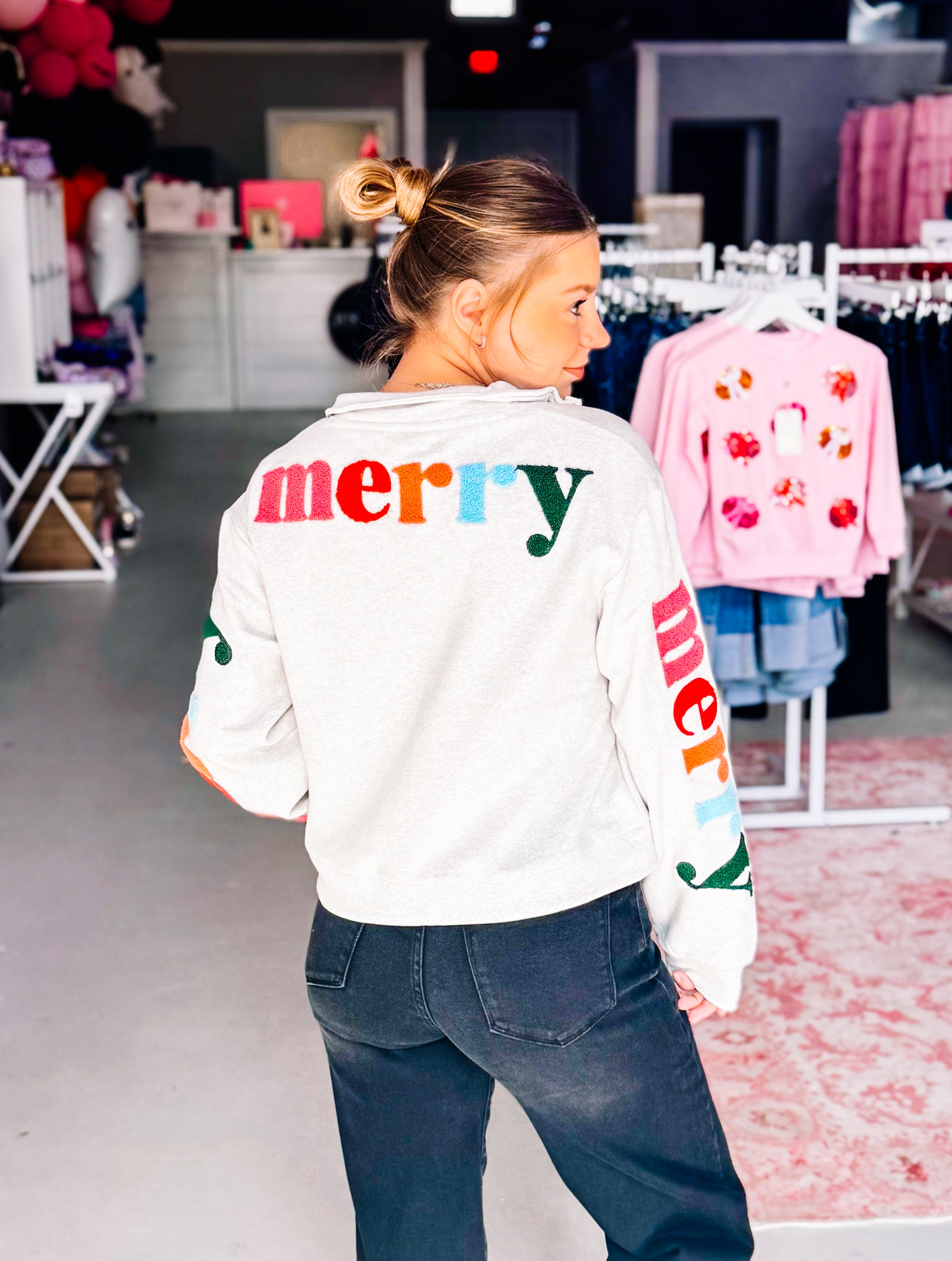 Girls Very Merry Always Bright Quarter Zip-Kids Clothing-Dear Me Southern Boutique, located in DeRidder, Louisiana