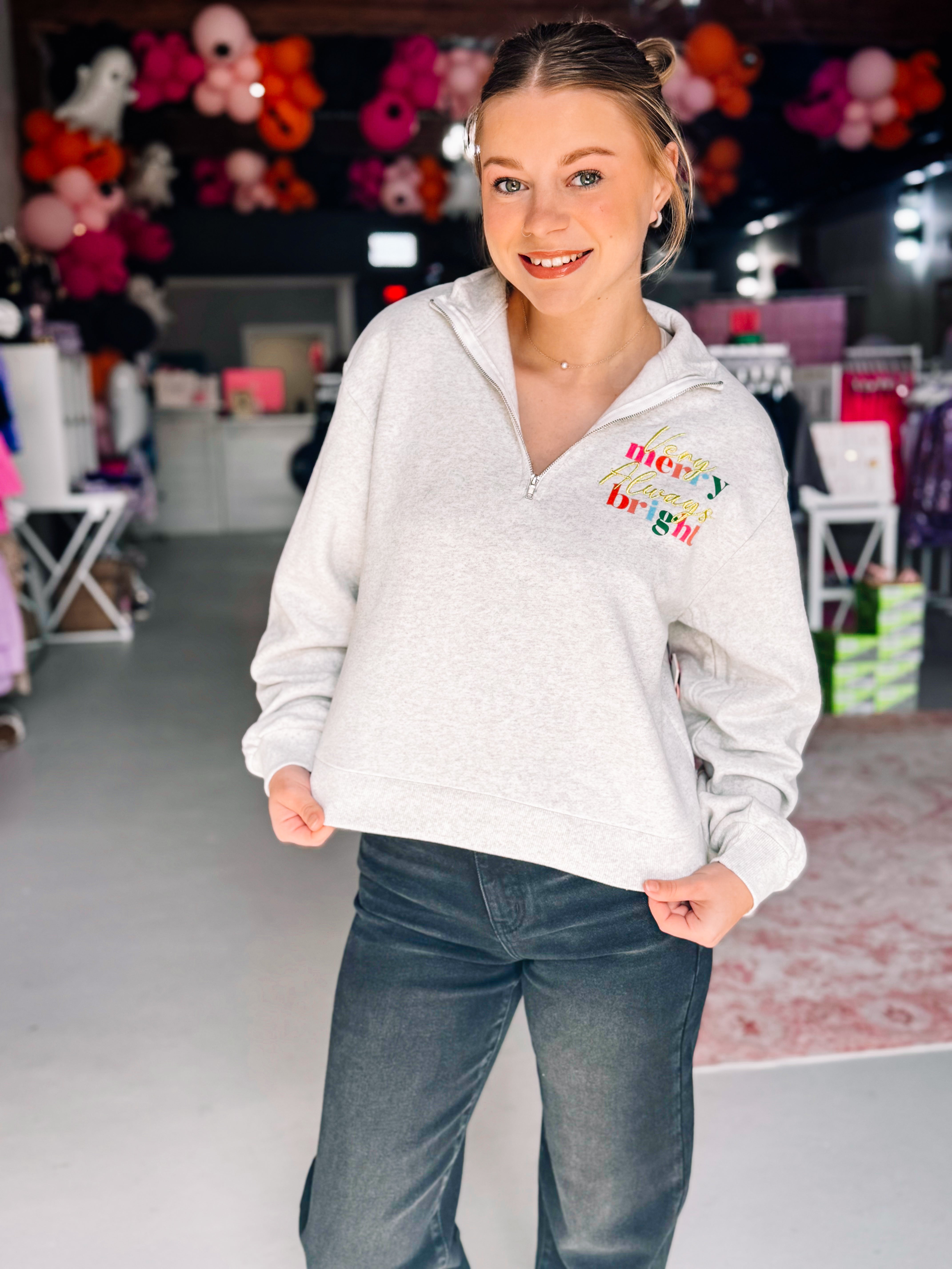 Girls Very Merry Always Bright Quarter Zip-Pullover-Dear Me Southern Boutique, located in DeRidder, Louisiana