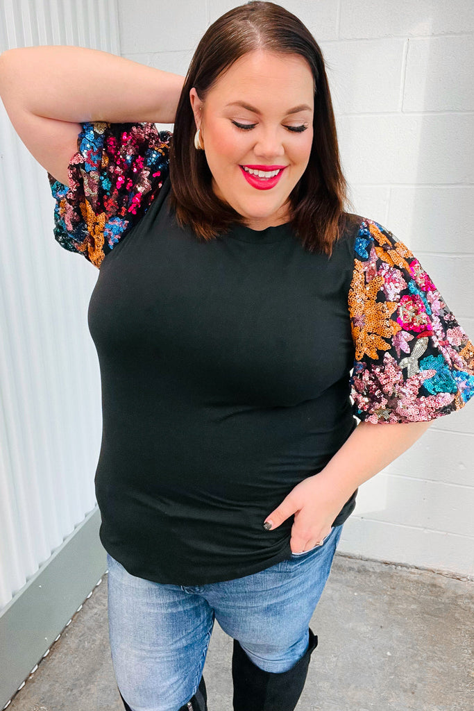 Glam Time Black Sequin Floral Puff Sleeve Top-Dear Me Southern Boutique, located in DeRidder, Louisiana