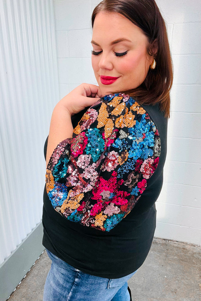 Glam Time Black Sequin Floral Puff Sleeve Top-Dear Me Southern Boutique, located in DeRidder, Louisiana