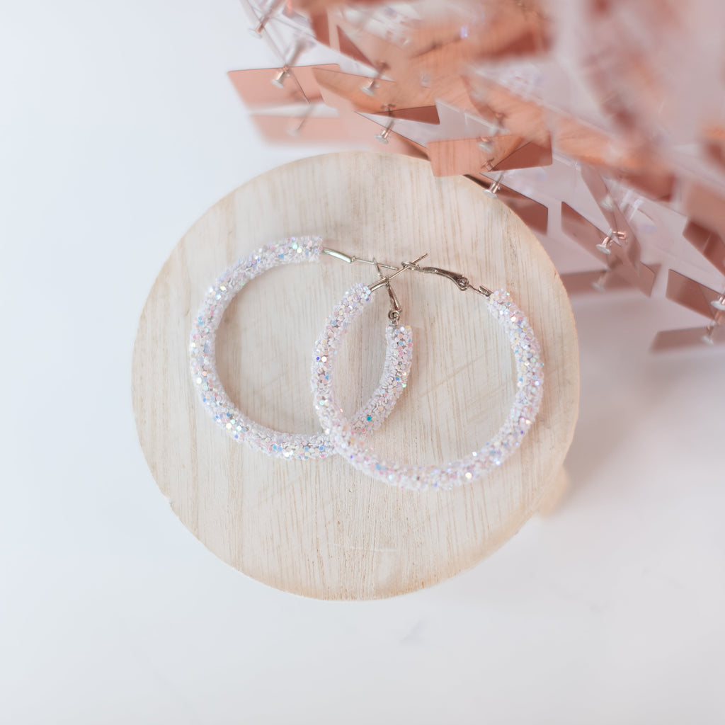 Glitter Hoops - White-Dear Me Southern Boutique, located in DeRidder, Louisiana