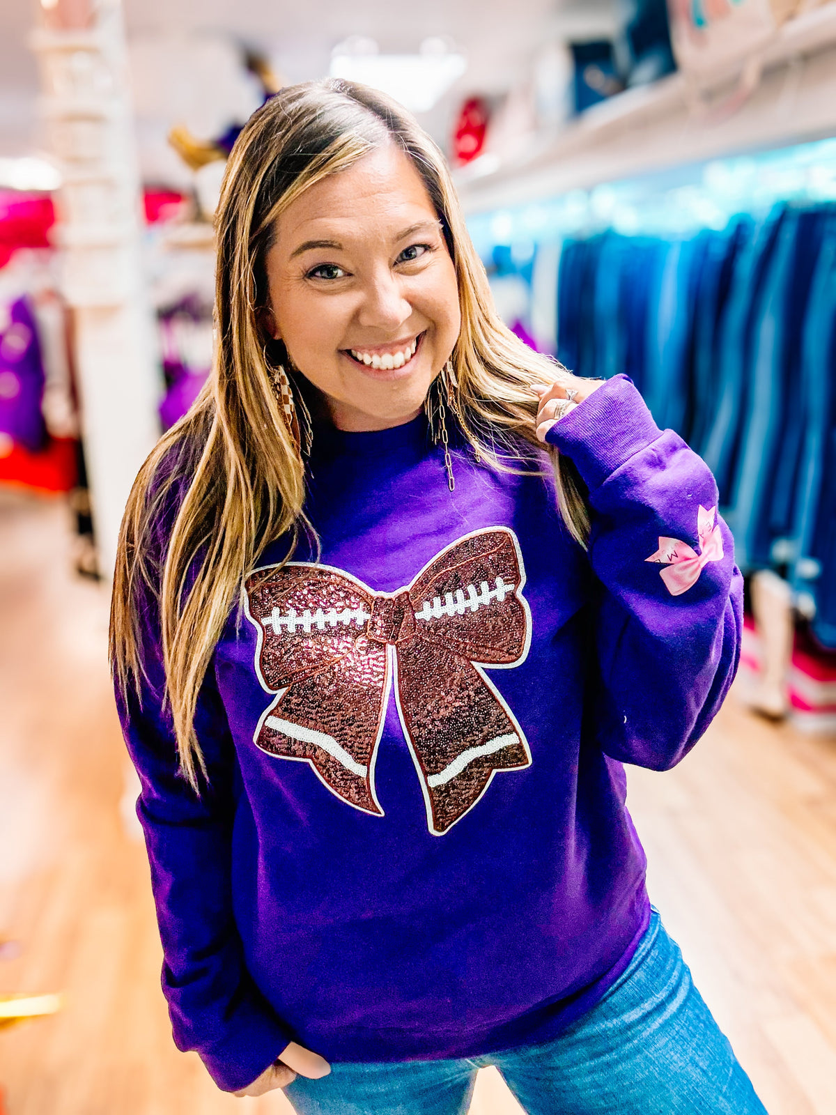 Glitz & Gameday Bow Sweatshirt-Presales-Dear Me Southern Boutique, located in DeRidder, Louisiana