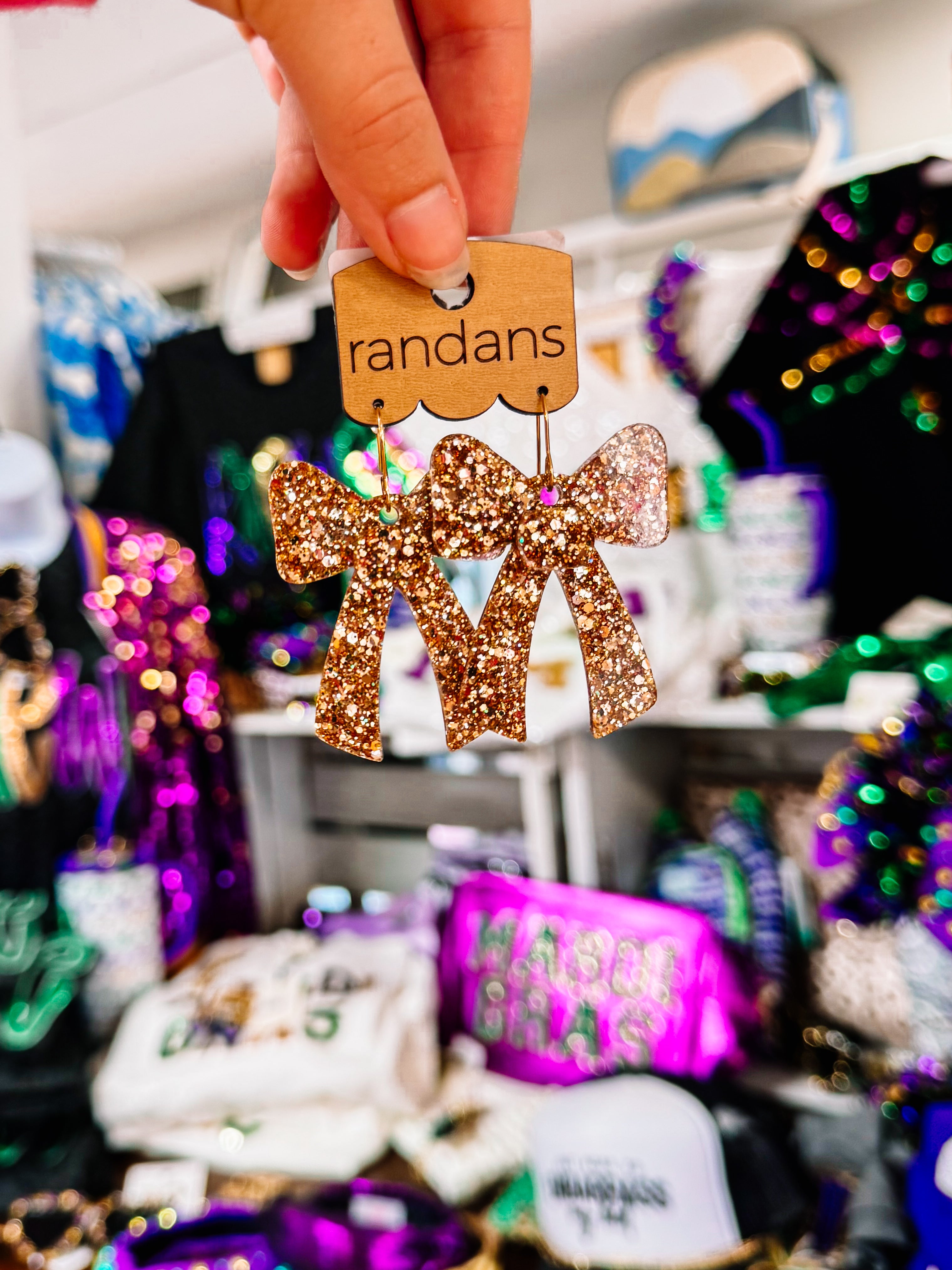 Gold Glitter Coquette Bow Randans-Earrings-Dear Me Southern Boutique, located in DeRidder, Louisiana