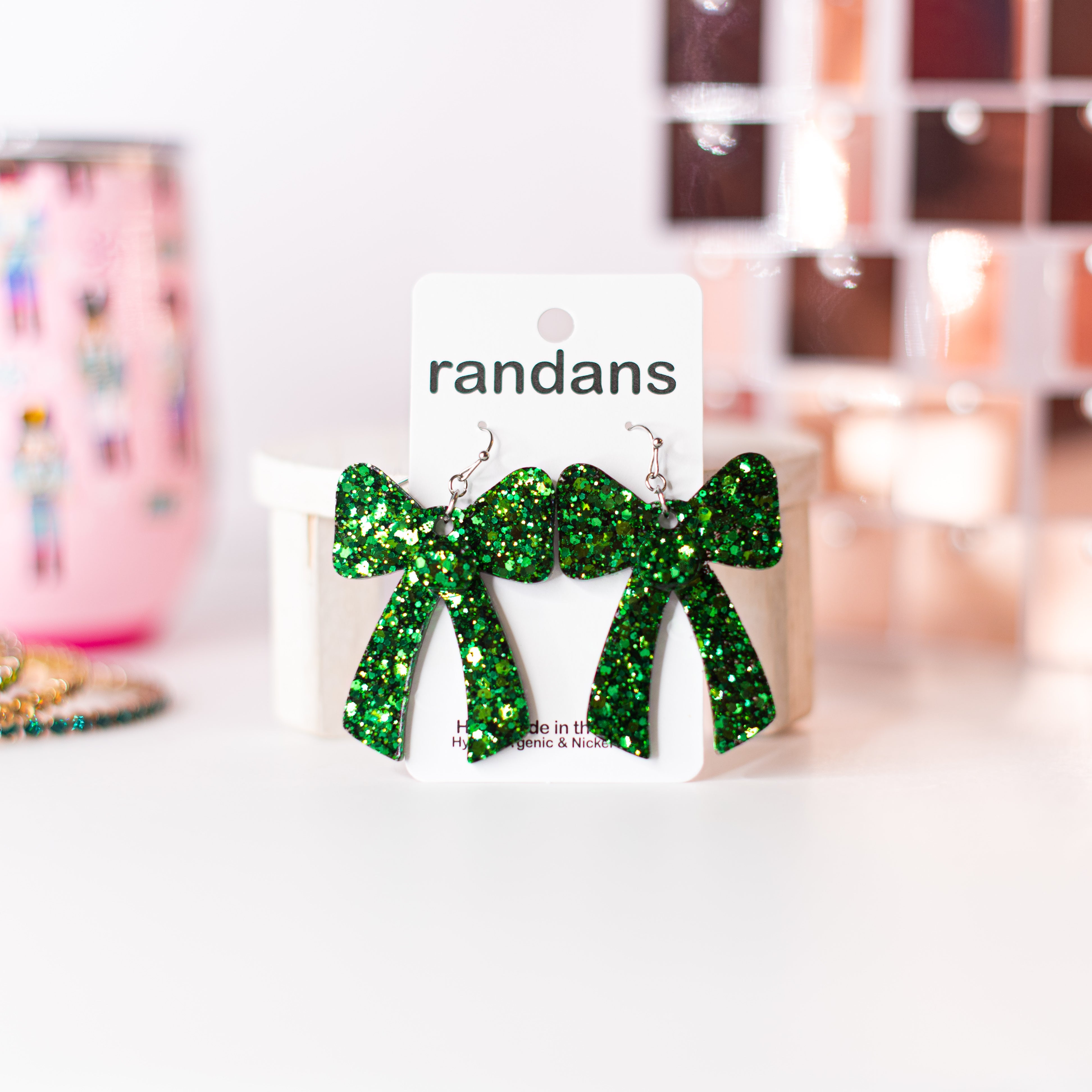 Green Coquette Bow Randans-Earrings-Dear Me Southern Boutique, located in DeRidder, Louisiana