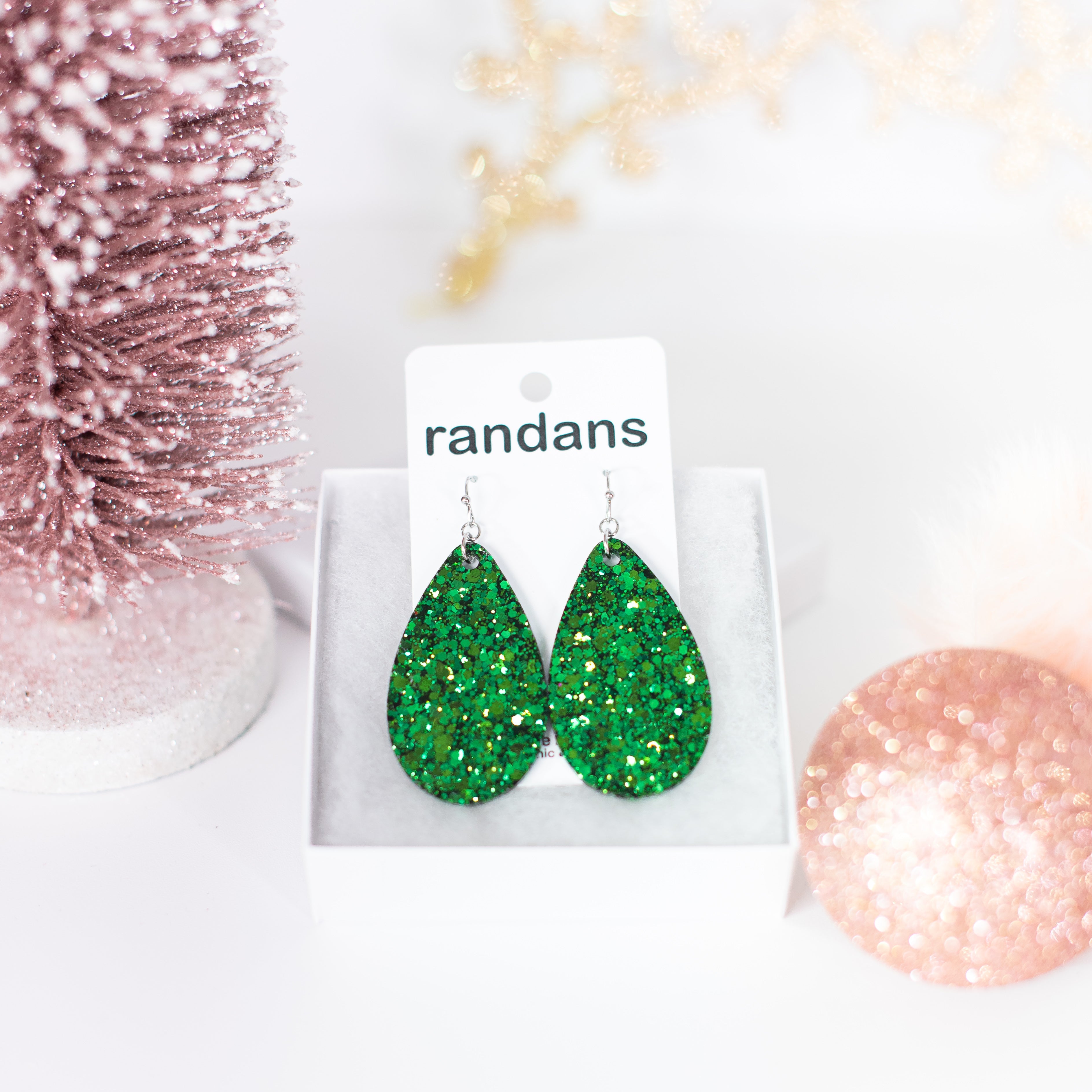 Green Glitter Randans Dangles-Jewelry - Earrings-Dear Me Southern Boutique, located in DeRidder, Louisiana
