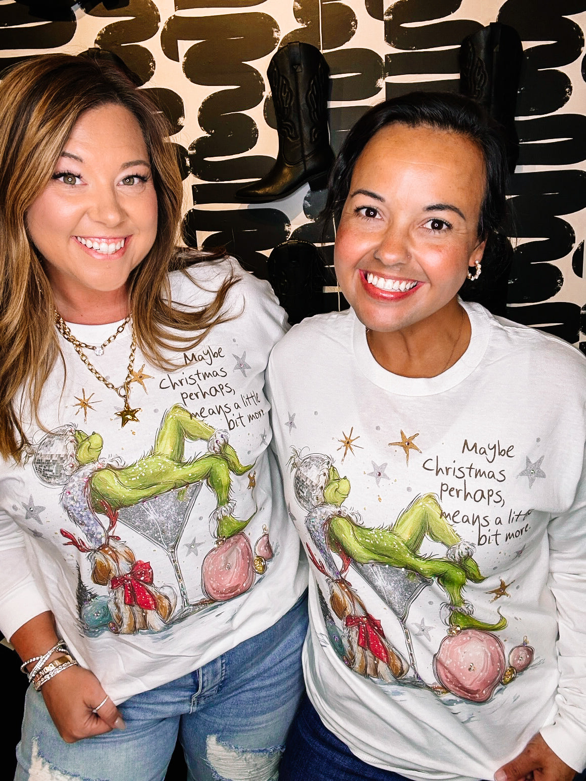 Grinch Maybe Christmas Means More Bougie Rhinestone Pullover/Tee-Presales-Dear Me Southern Boutique, located in DeRidder, Louisiana