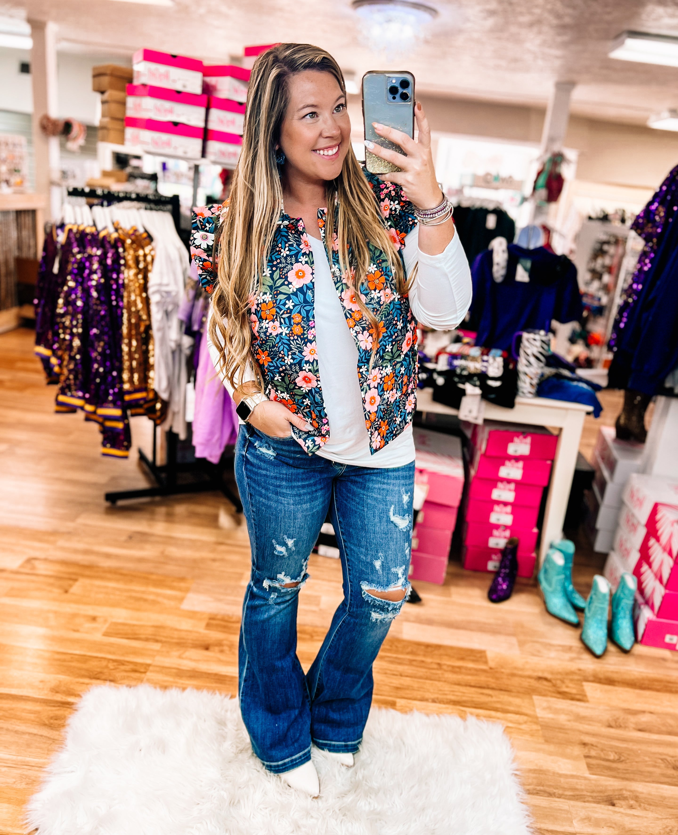 Gwen Floral Puffer Vest-Vest-Dear Me Southern Boutique, located in DeRidder, Louisiana