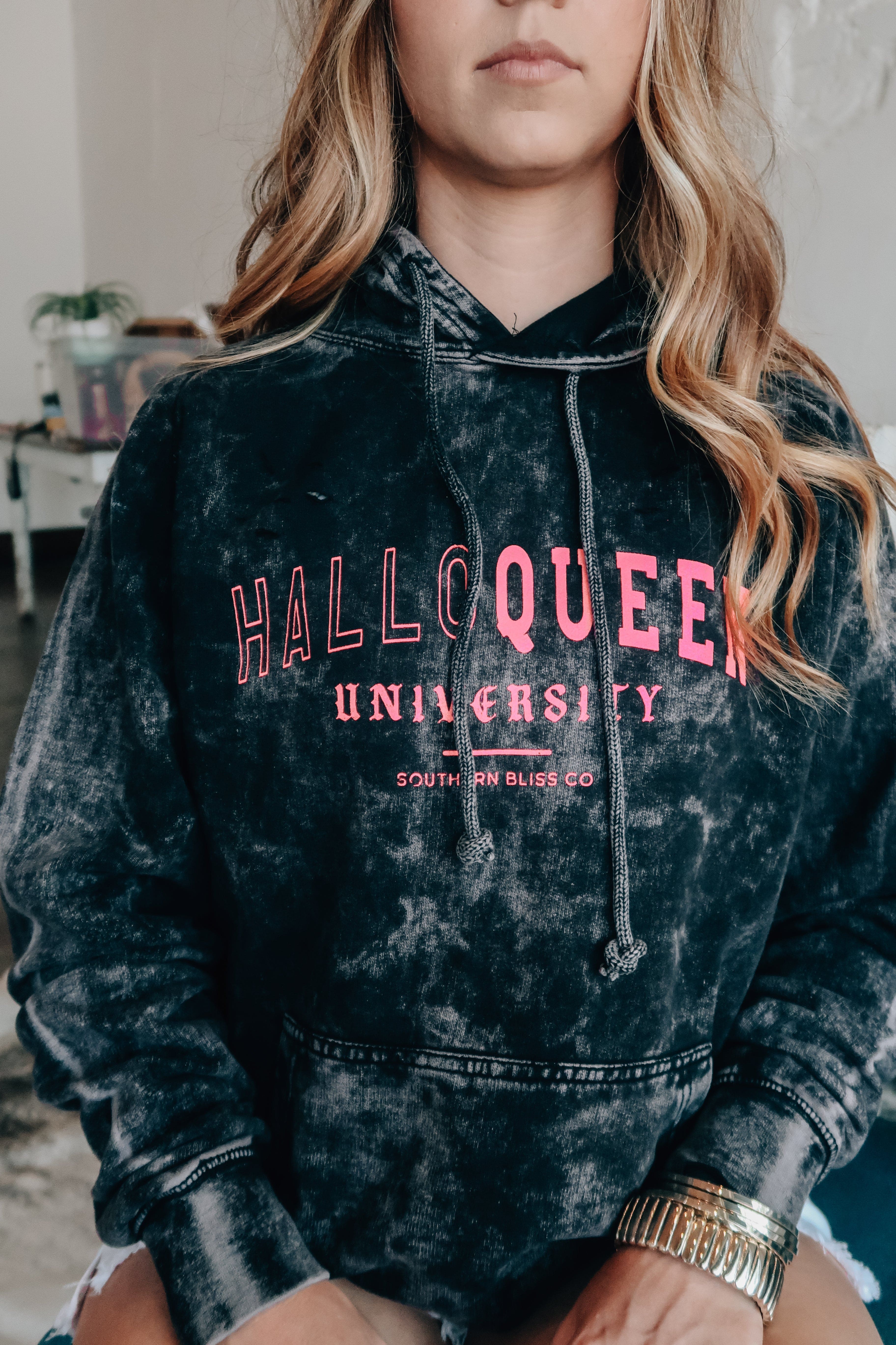 HalloQueen Black Destroyed Cloud Hoodie-Dear Me Southern Boutique, located in DeRidder, Louisiana