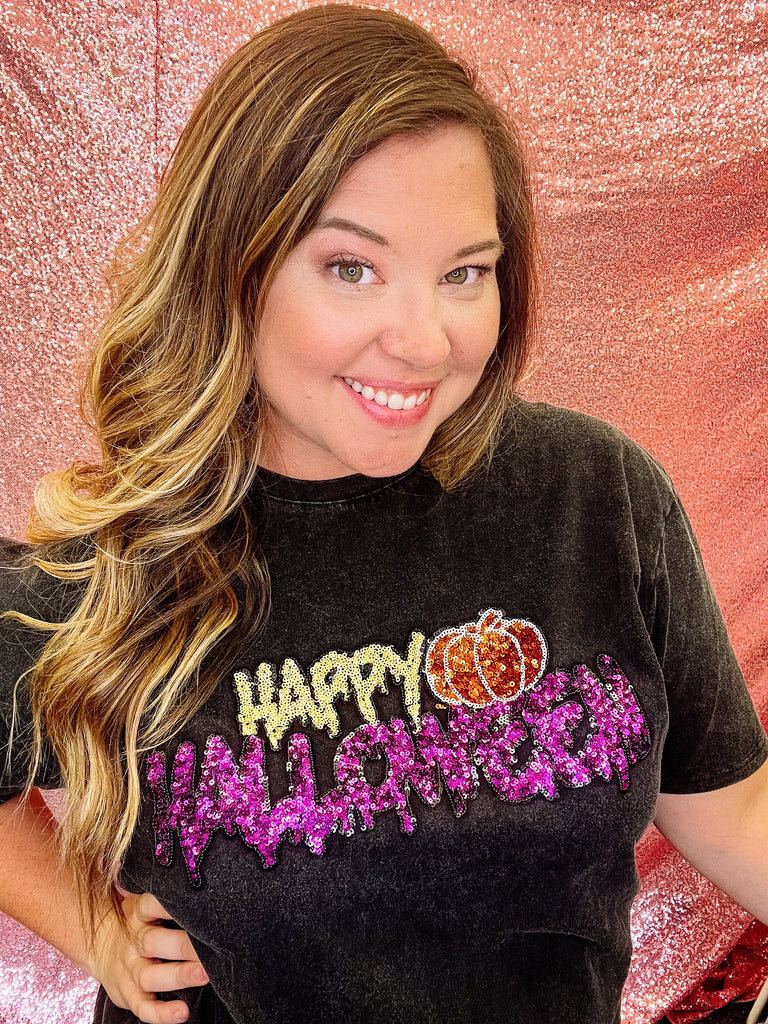 Happy Halloween Sequin Tee-Dear Me Southern Boutique, located in DeRidder, Louisiana