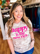 Happy Is The New Rich Sandy Camo Tee-Dear Me Southern Boutique, located in DeRidder, Louisiana