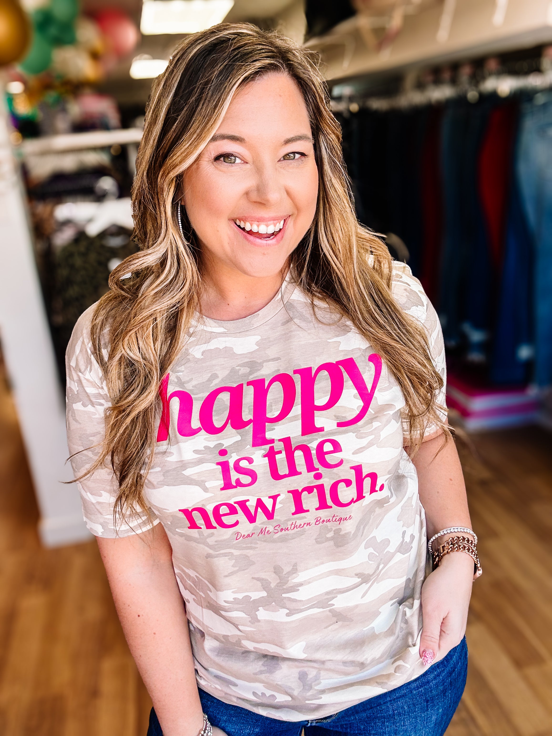 Happy Is The New Rich Sandy Camo Tee-Dear Me Southern Boutique, located in DeRidder, Louisiana