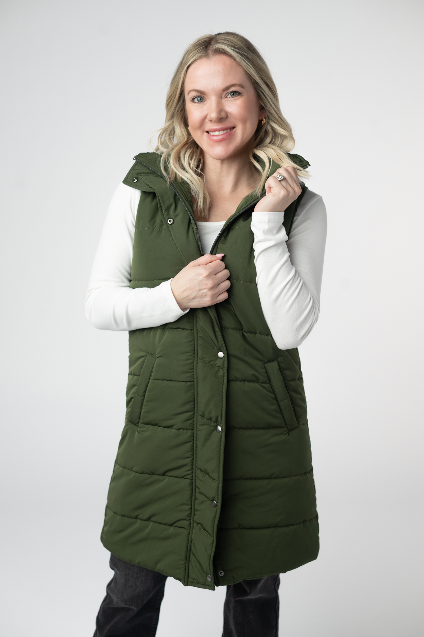 Harlow Long Vest - Dark Olive-clothing-Dear Me Southern Boutique, located in DeRidder, Louisiana