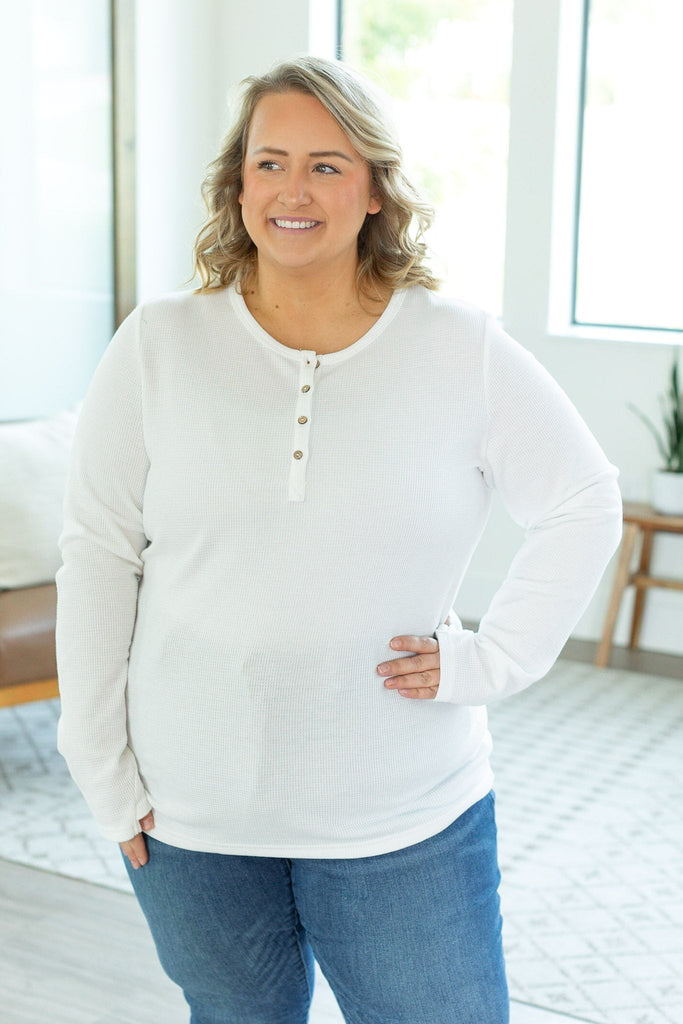 Harper Long Sleeve Henley - White-Dear Me Southern Boutique, located in DeRidder, Louisiana