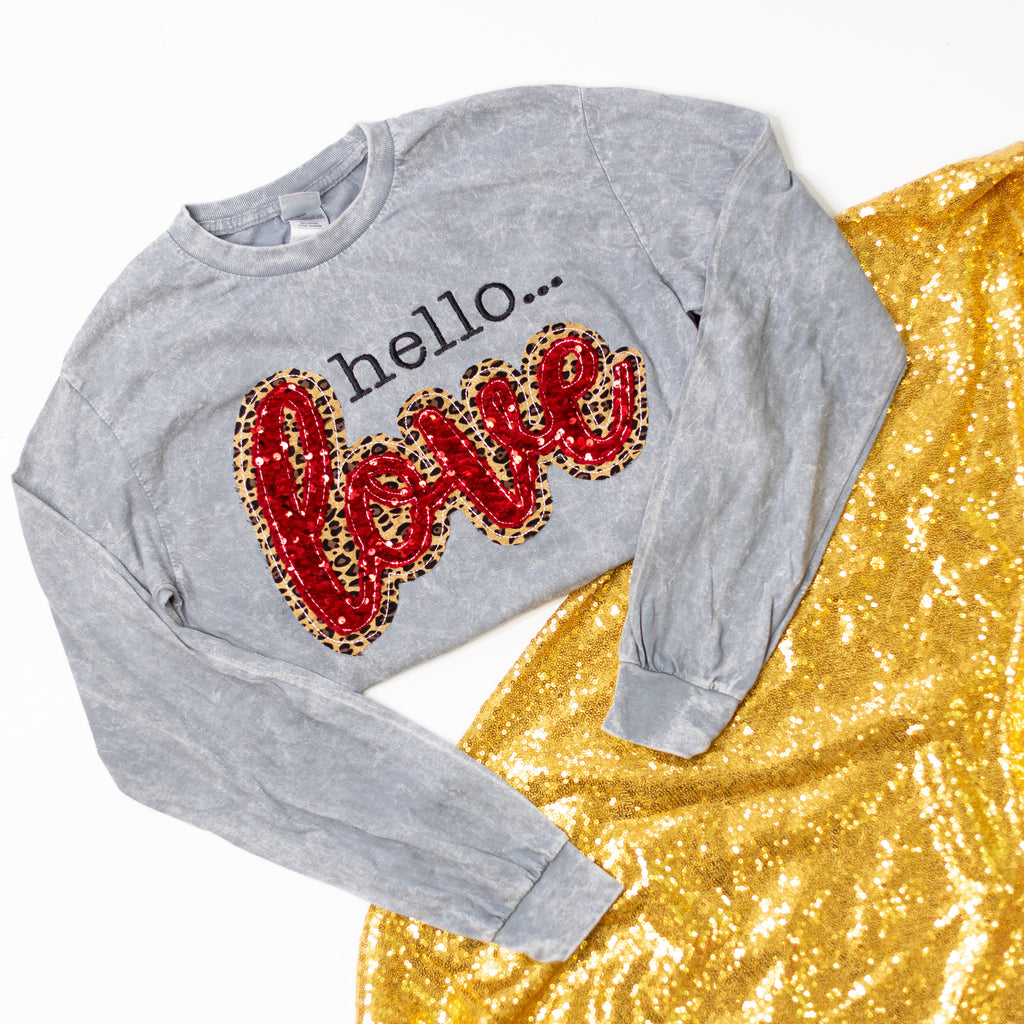 Hello, Love Sequin Long Sleeve Tee-Tops-Dear Me Southern Boutique, located in DeRidder, Louisiana