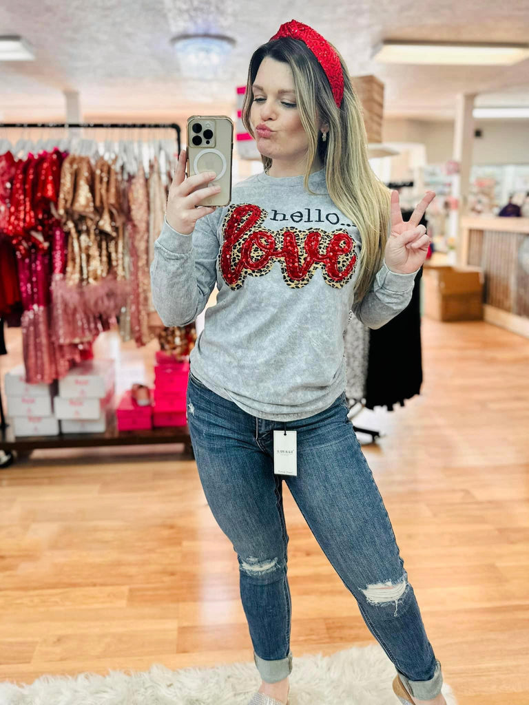 Hello, Love Sequin Long Sleeve Tee-Tops-Dear Me Southern Boutique, located in DeRidder, Louisiana