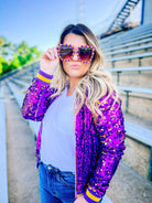 Here We Geaux Sequin Bomber Jacket-Game Day-Dear Me Southern Boutique, located in DeRidder, Louisiana