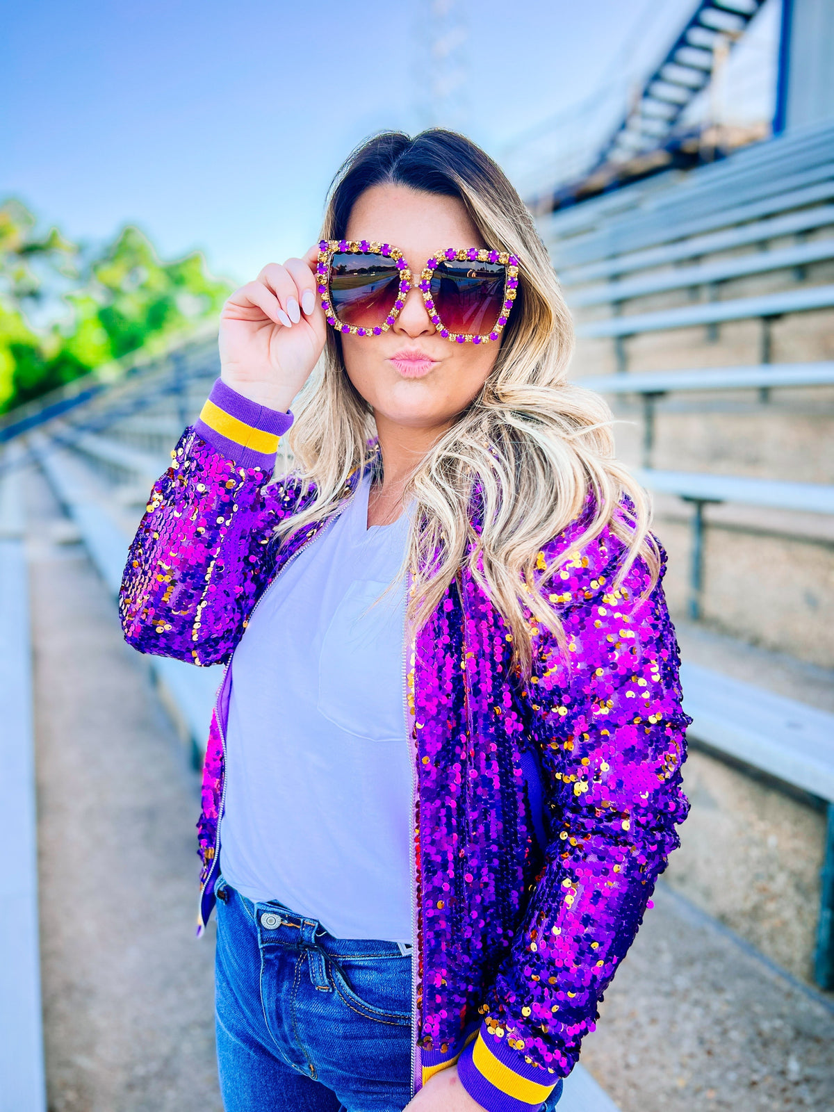 Here We Geaux Sequin Bomber Jacket-Game Day-Dear Me Southern Boutique, located in DeRidder, Louisiana