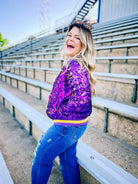 Here We Geaux Sequin Bomber Jacket-Game Day-Dear Me Southern Boutique, located in DeRidder, Louisiana