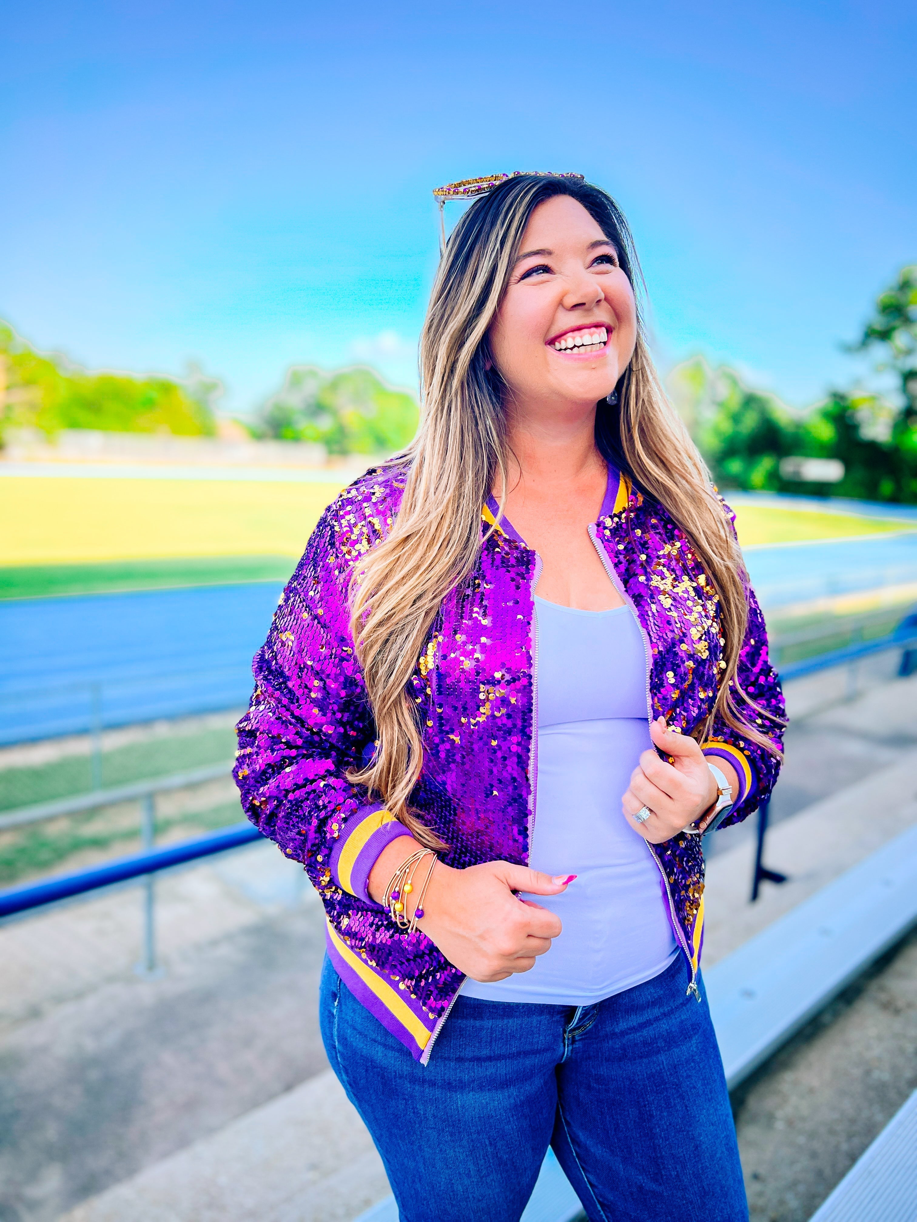 Here We Geaux Sequin Bomber Jacket-Jackets-Dear Me Southern Boutique, located in DeRidder, Louisiana