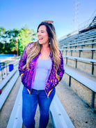 Here We Geaux Sequin Bomber Jacket-Jackets-Dear Me Southern Boutique, located in DeRidder, Louisiana