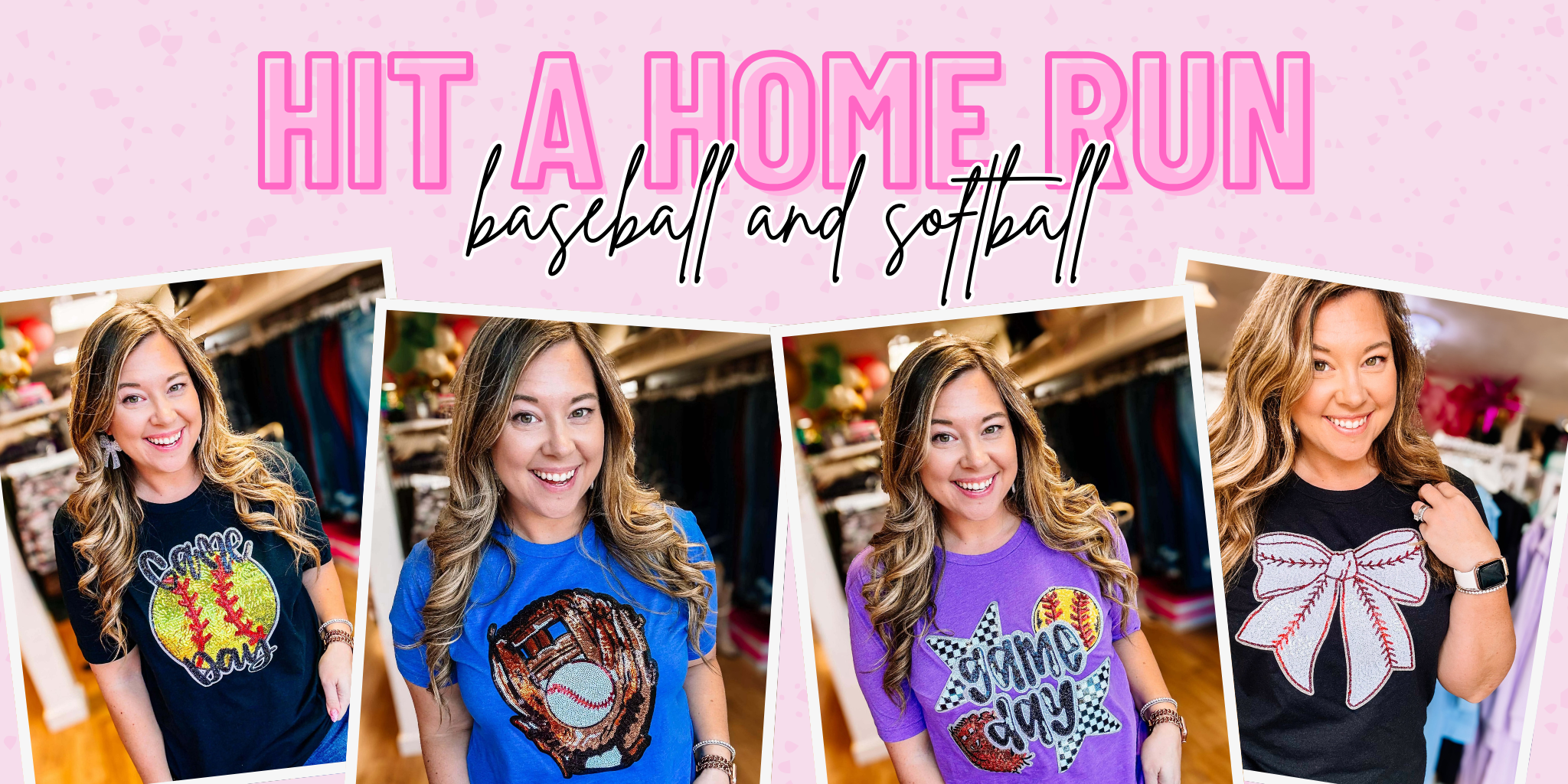 Collage of a woman wearing various sports-themed t-shirts with promotional text for baseball and softball | Dear Me Southern Boutique | DeRidder, LA