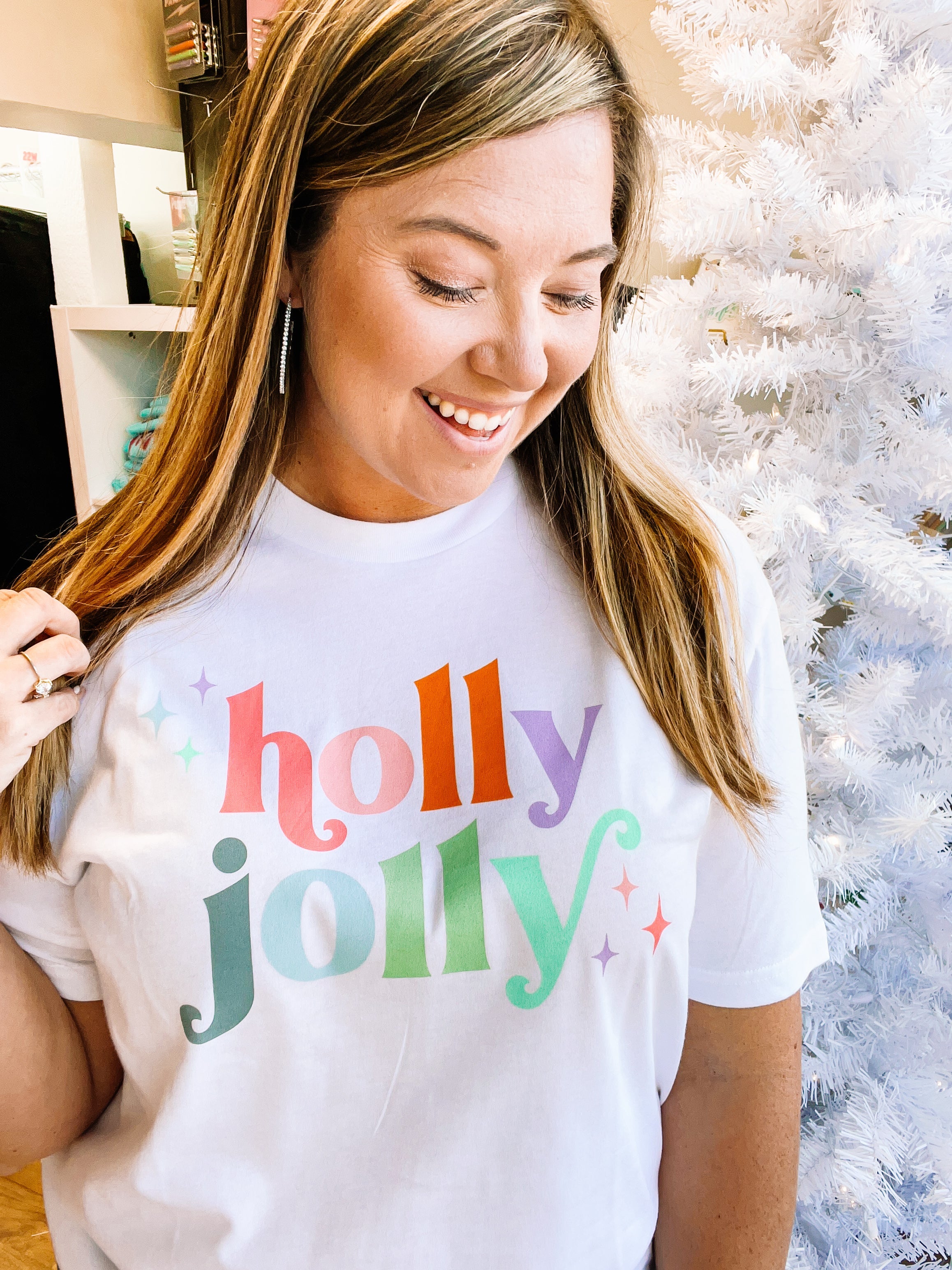 Holly Jolly Tee-Graphic Tops-Dear Me Southern Boutique, located in DeRidder, Louisiana