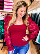 Hollywood Glam Sequin Blouse - Burgundy-Blouses-Dear Me Southern Boutique, located in DeRidder, Louisiana