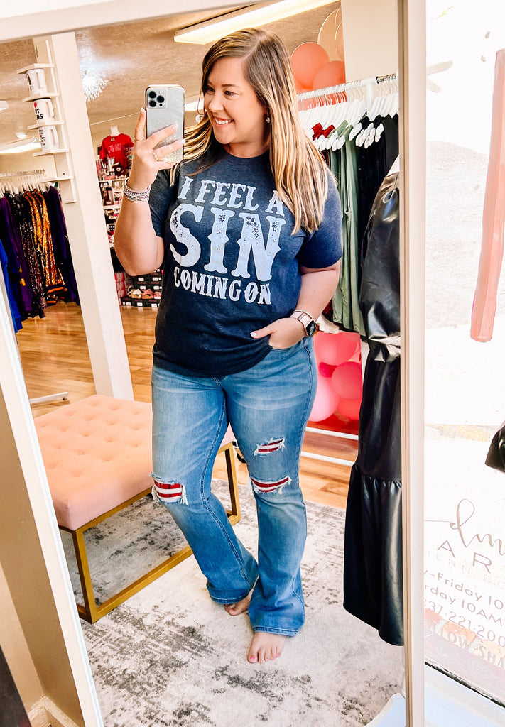 I Feel A Sin Coming On Tee-Graphic Tee-Dear Me Southern Boutique, located in DeRidder, Louisiana