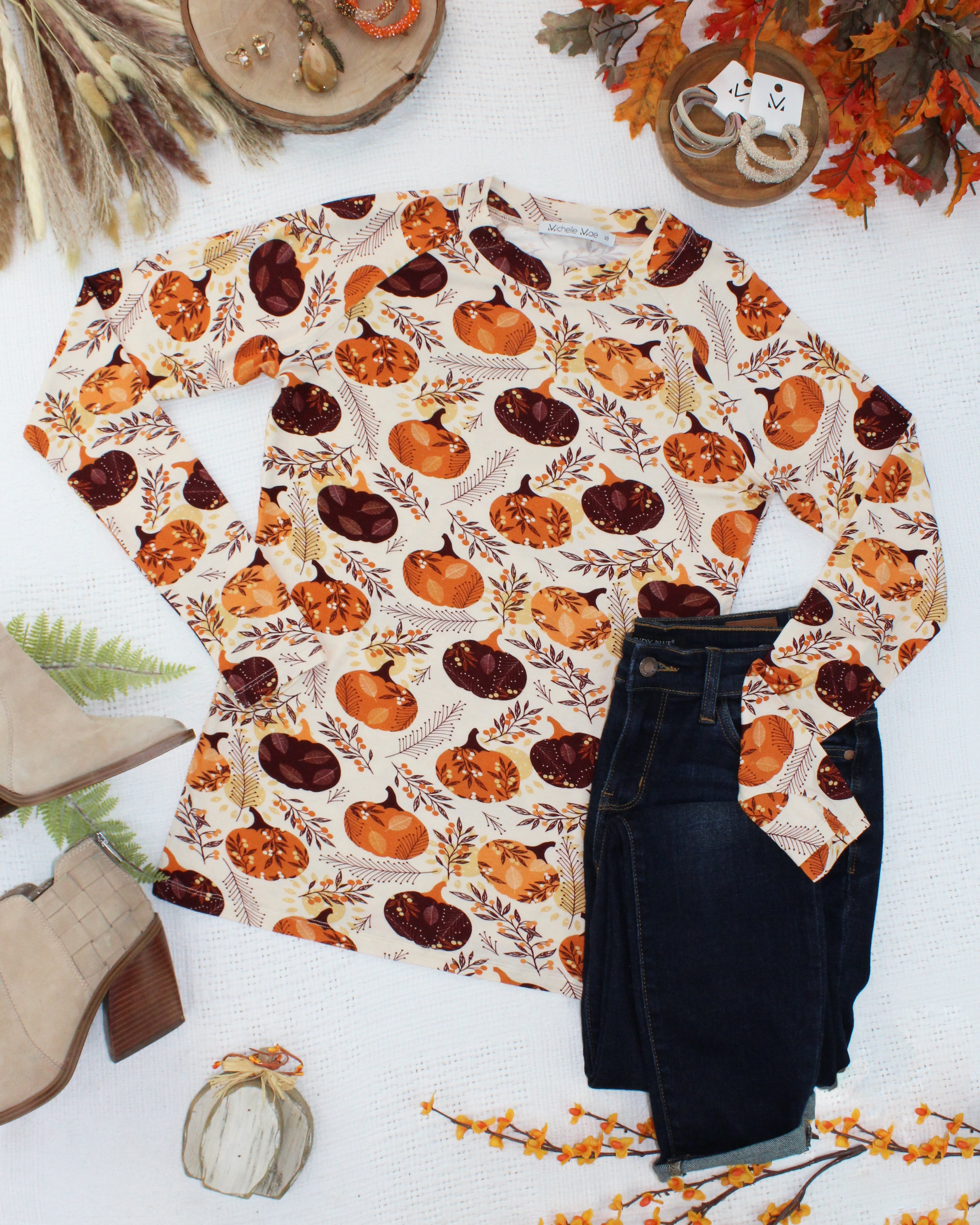 IN STOCK Blair Long Sleeve Top - Autumn Gourds-Tops-Dear Me Southern Boutique, located in DeRidder, Louisiana