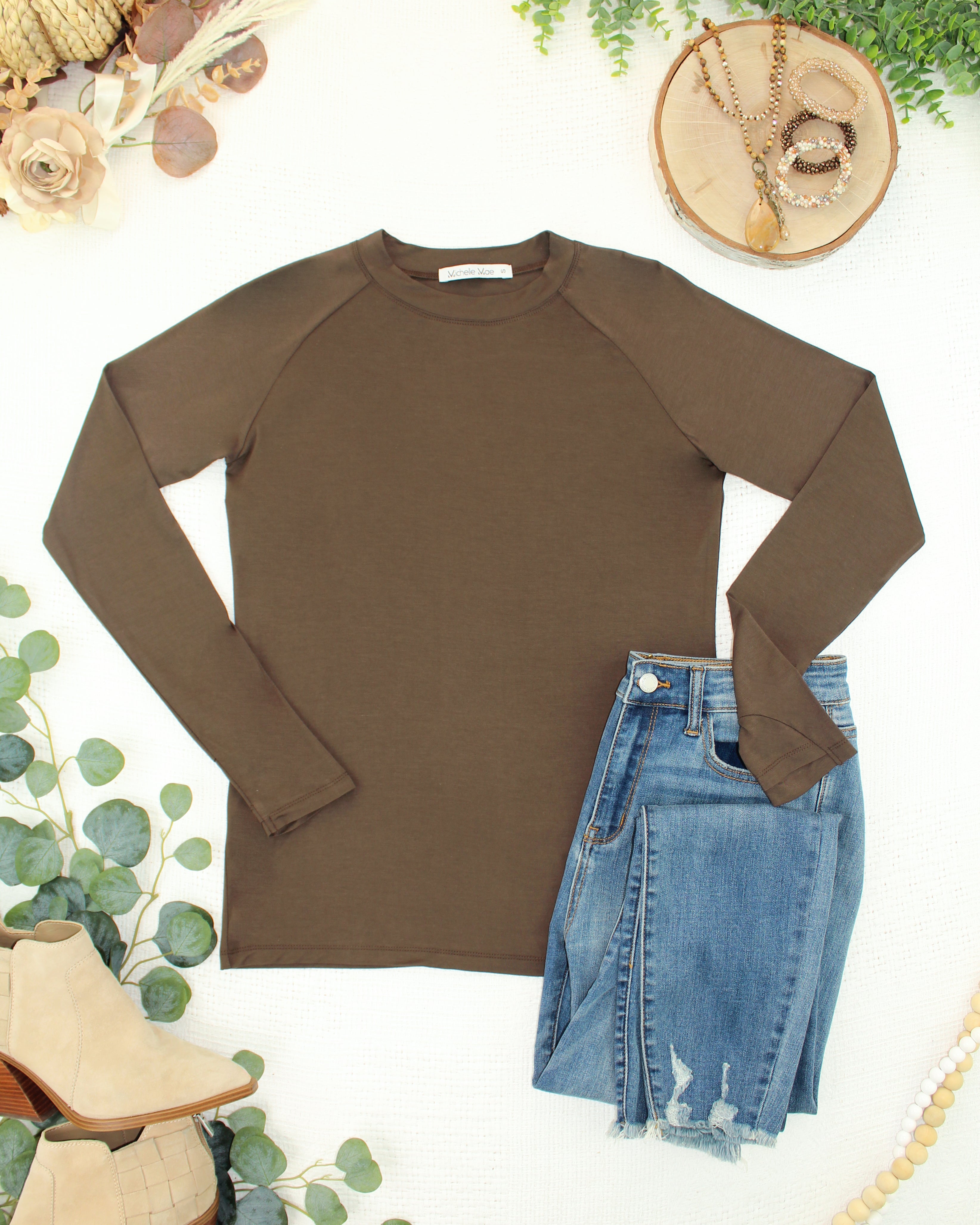 IN STOCK Blair Long Sleeve Top - Brown-Tops-Dear Me Southern Boutique, located in DeRidder, Louisiana