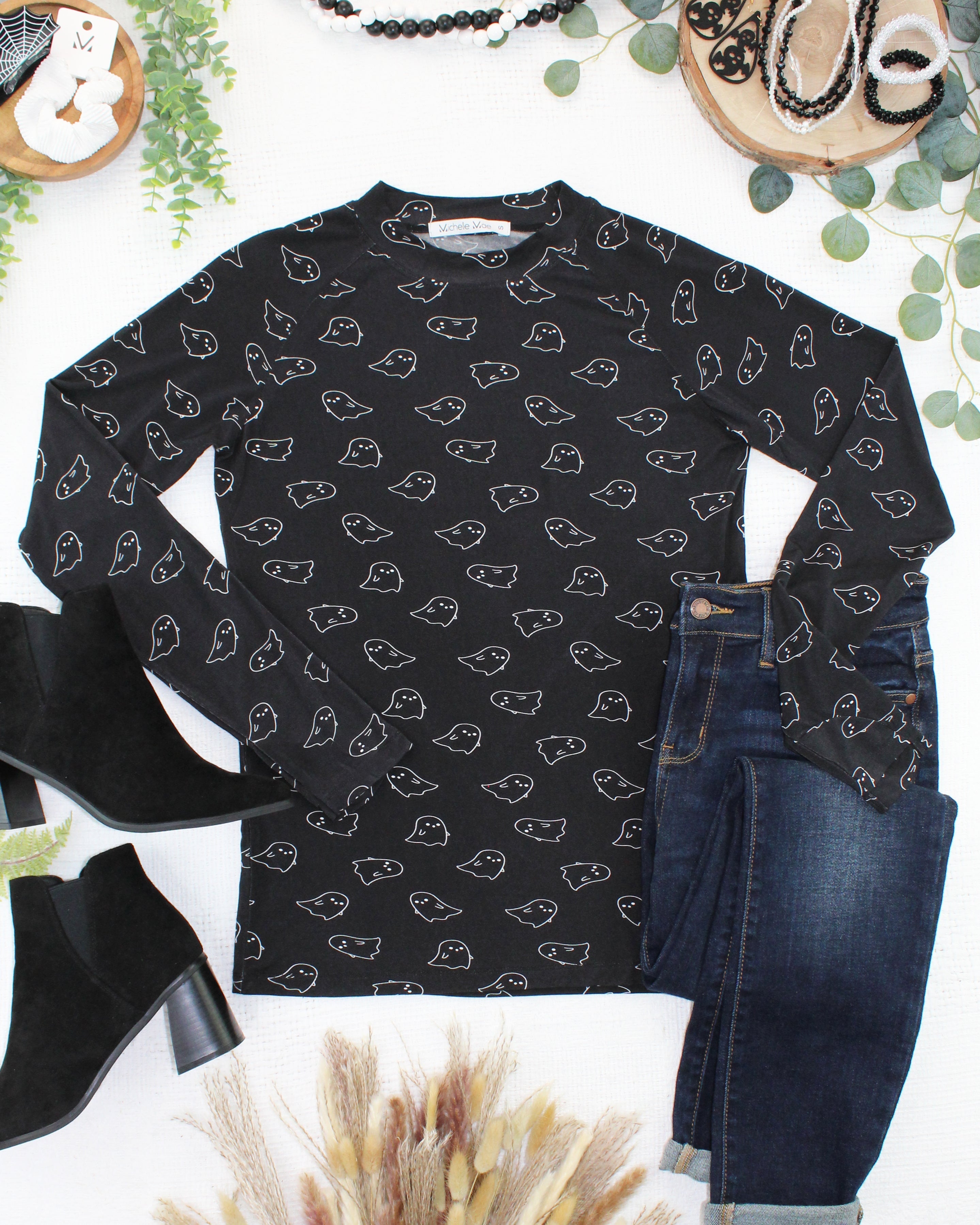 IN STOCK Blair Long Sleeve Top - Midnight Ghosts-Tops-Dear Me Southern Boutique, located in DeRidder, Louisiana